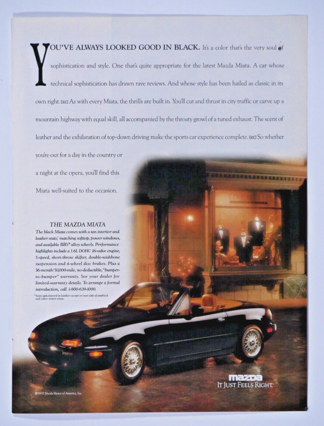 1992 Mazda Miata Convertible Black Vintage Look Good In Black Original Print Ad 1992 Mazda Miata Convertible Black Vintage Look Good In Black Original Print Ad