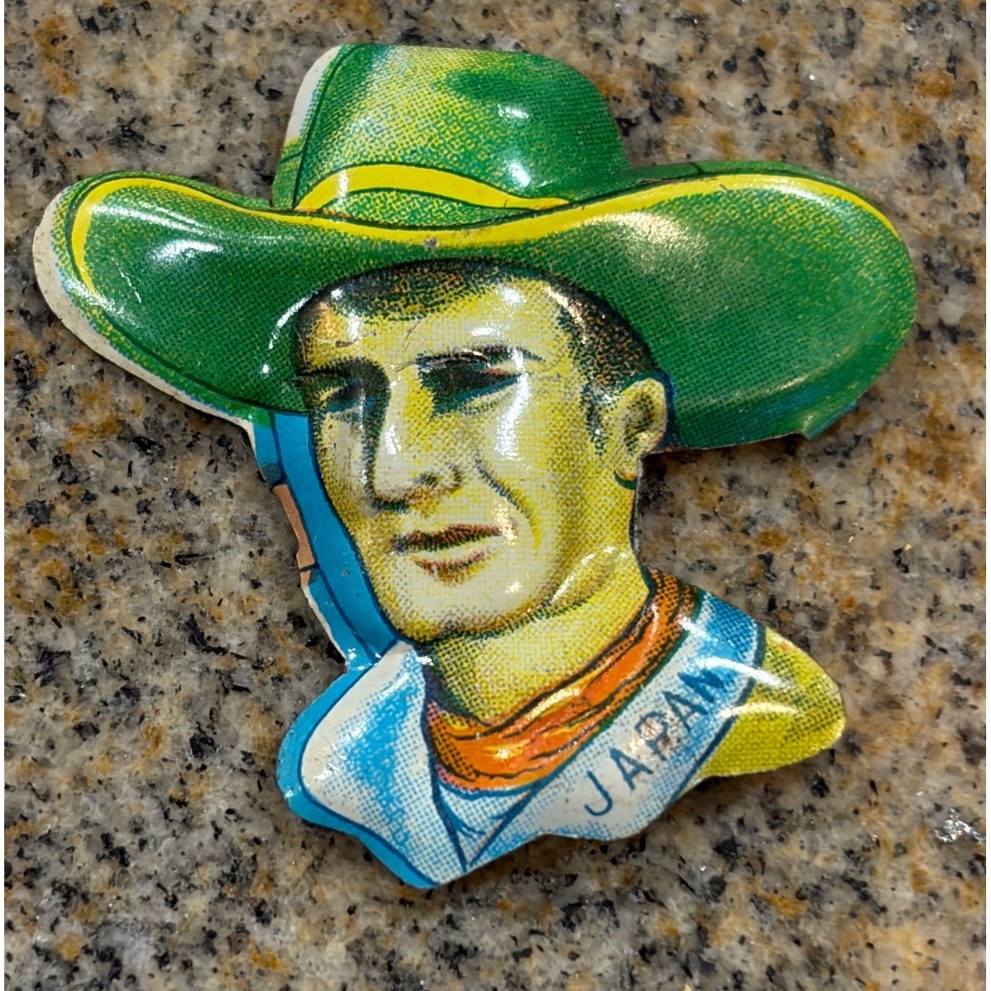 1960s Vintage Tin Litho Cowboy Pin Japan Western Embossed Metal Brooch Green Hat 1960s Vintage Tin Litho Cowboy Pin Japan Western Embossed Metal Brooch Green Hat
