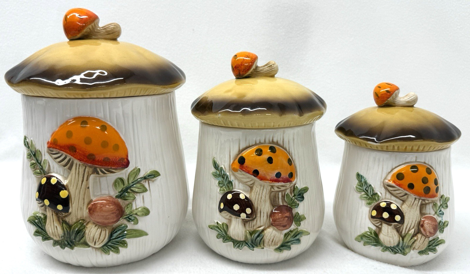 Vintage Merry Mushroom Set of 3 Canister w/Lids Sears & Roebuck 70s Japan Vintage Merry Mushroom Set of 3 Canister w/Lids Sears & Roebuck 70s Japan
