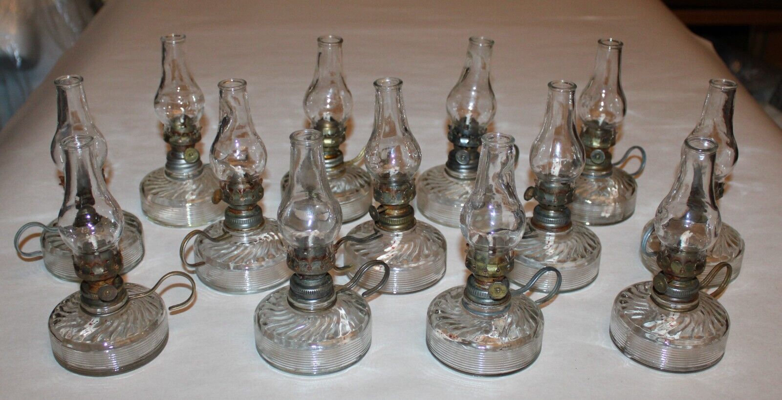 Antique Miniature Oil Lamp Blown/Pressed Clear Glass W/Wire Handle Lot of 13
