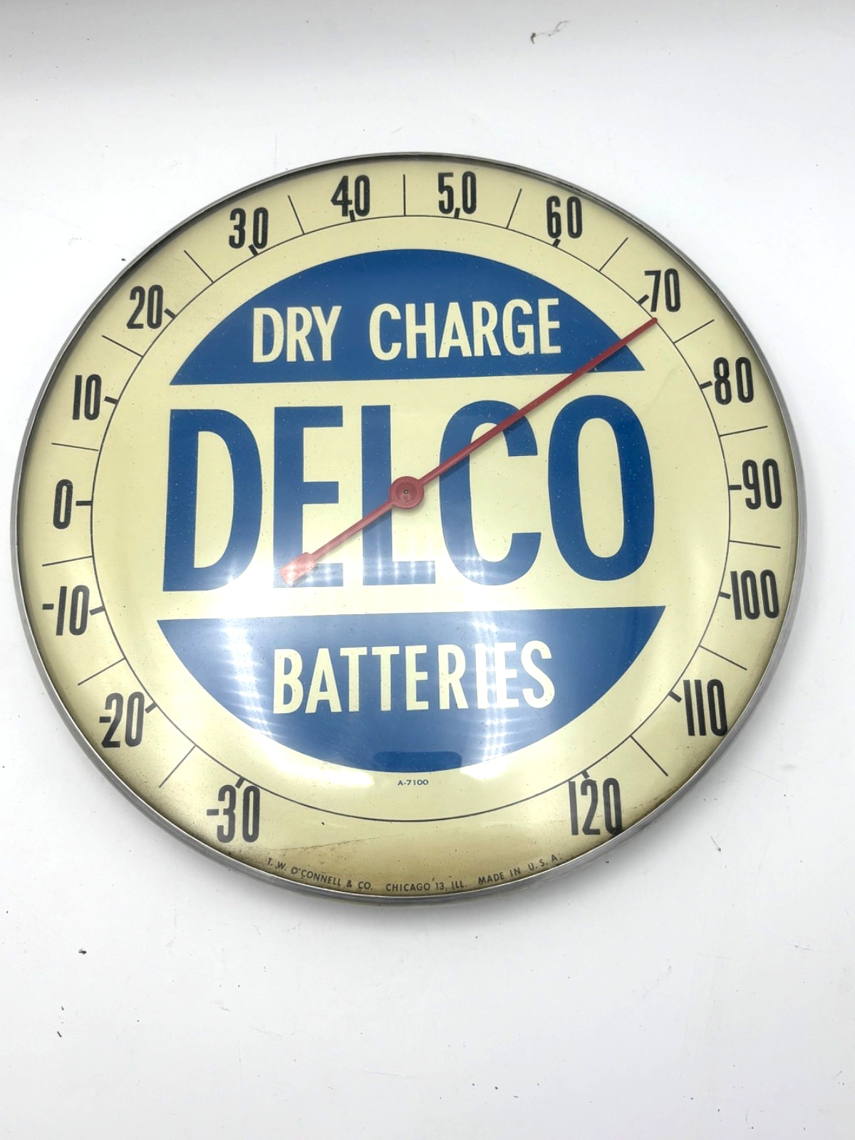 Vintage 1950s Delco Dry Charge Batteries Advertising Thermometer Sign