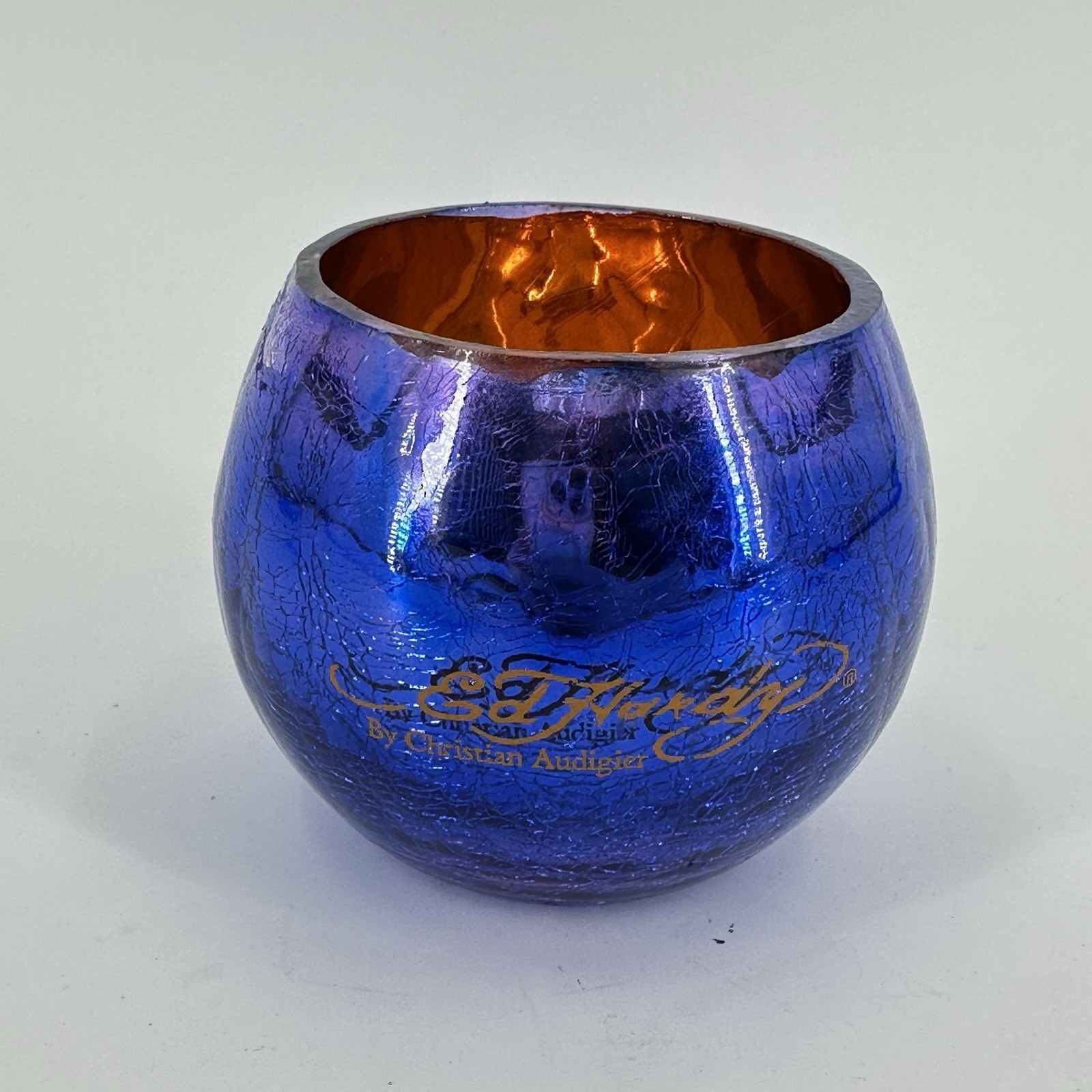 Y2K ED HARDY By Christian Audigier Candle Holder Blue Orange Crackle 4\ Y2K ED HARDY By Christian Audigier Candle Holder Blue Orange Crackle 4\