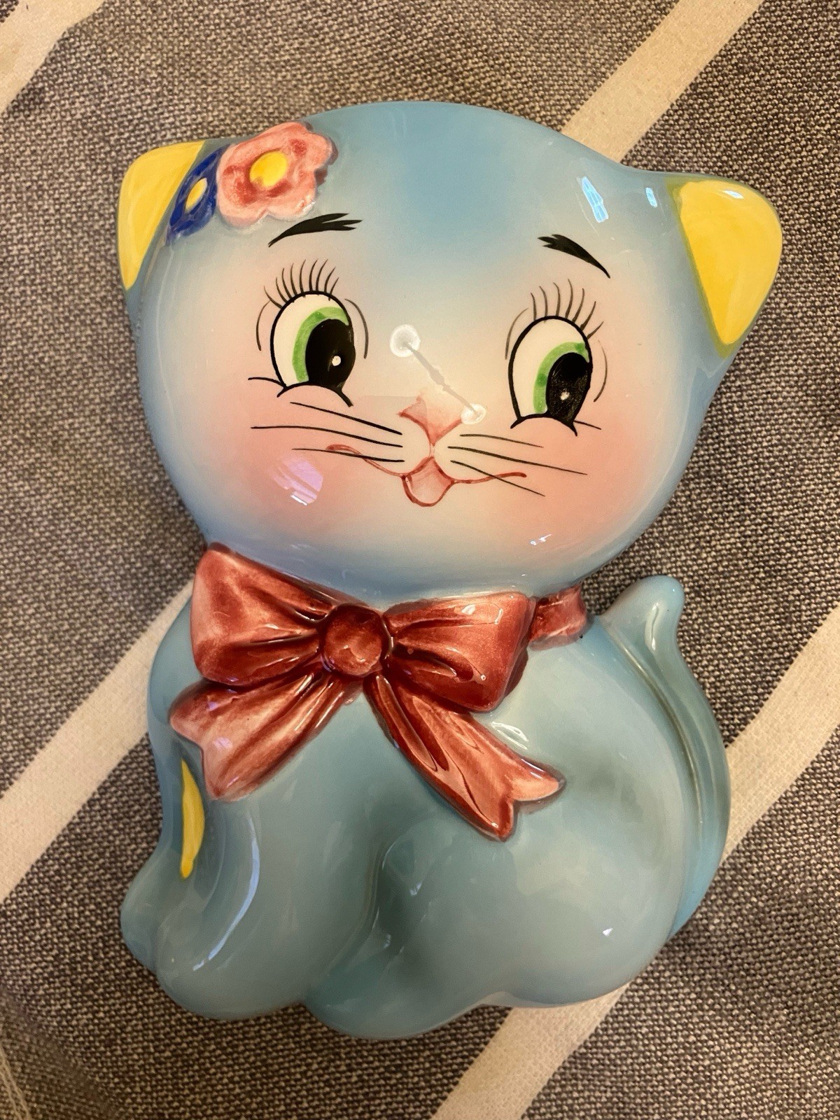 Vintage 1950s Kitsch Norcrest Blue Cat Kitten Kitty Wall Pocket Planter Vase Art