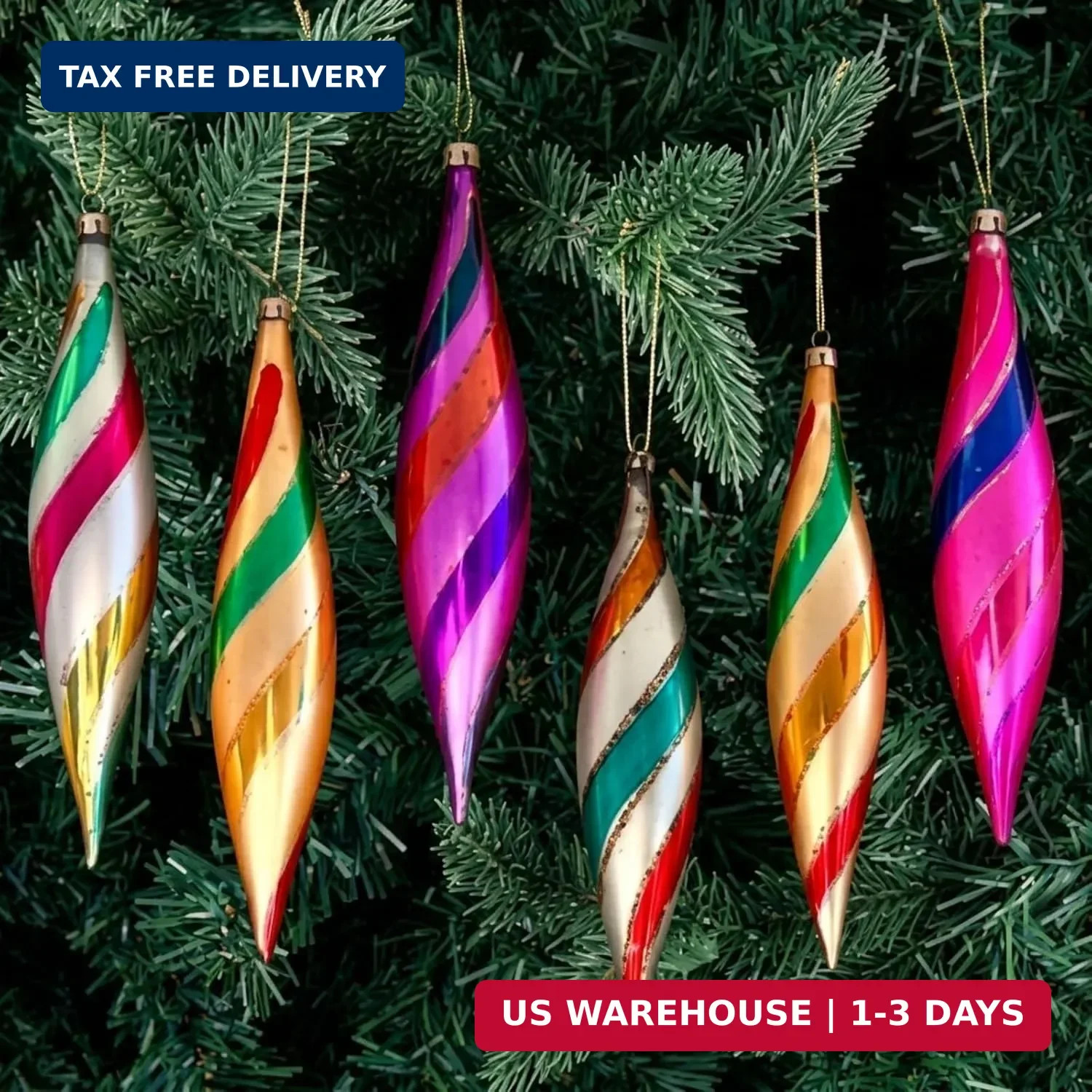 6 Pcs Vintage Glass Finial Christmas Candy-striped Icicle Ornaments