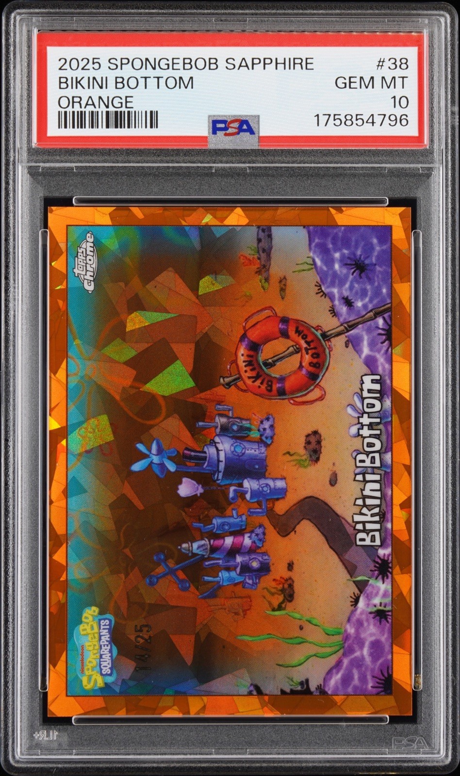 2025 Topps Chrome Spongebob Bikini Bottom #38 Orange Sapphire /25 PSA 10