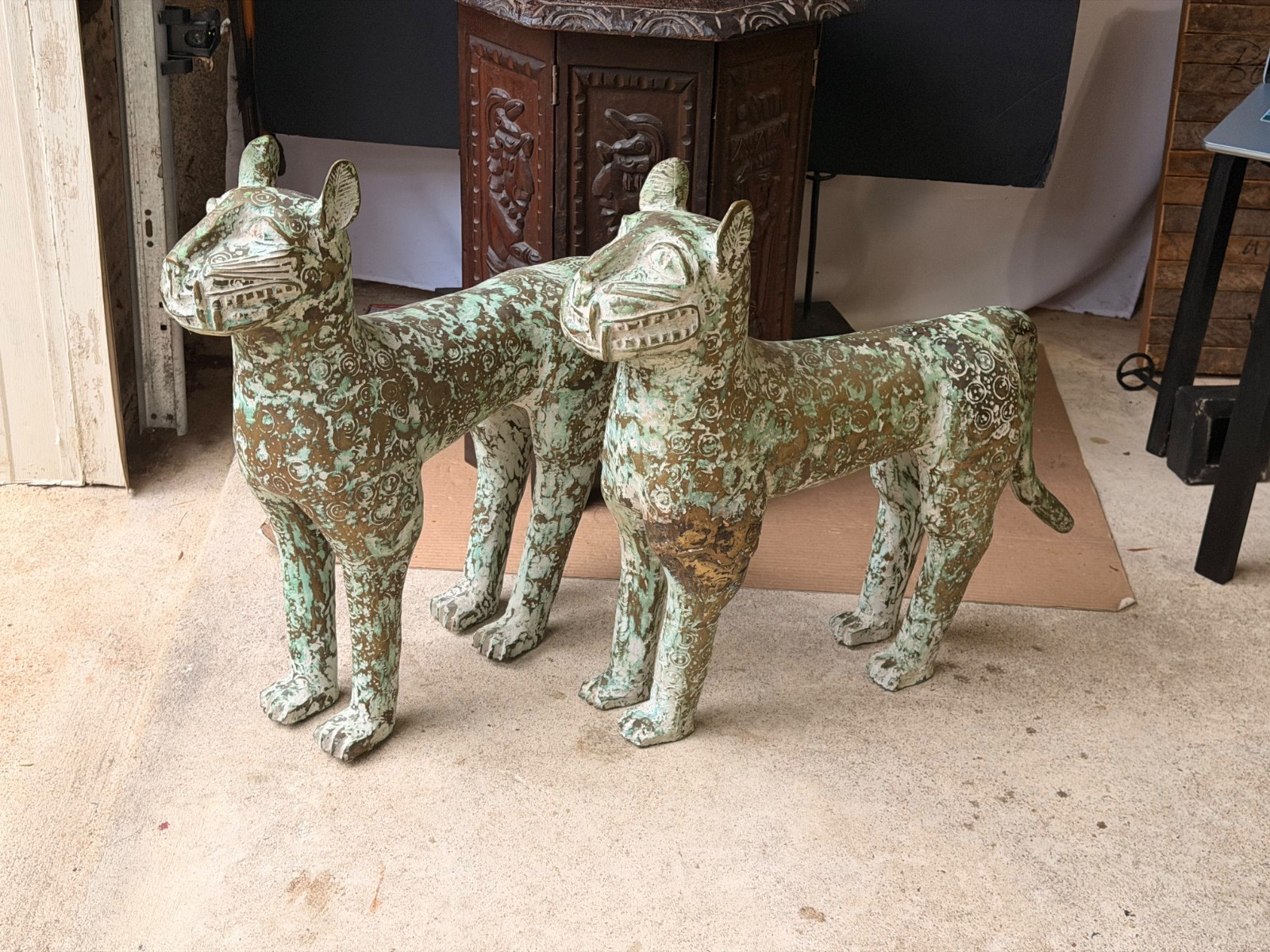 Vintage Large Pair West African Benin Leopard Cast Bronze Statues 26in