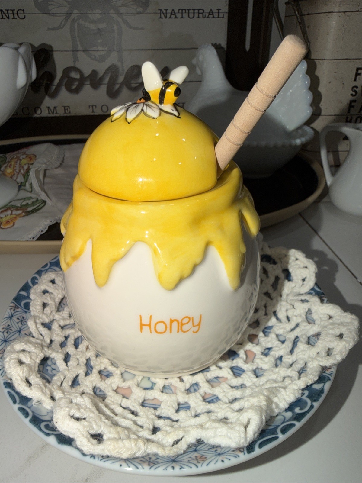 Blue Sky Clayworks Sweet Honey Drip Honey Bee Pot with Dipper Stick