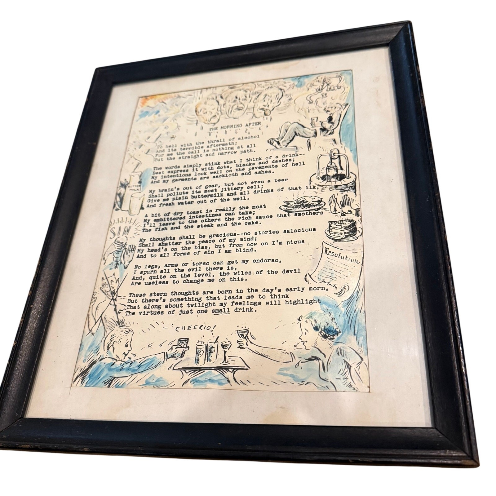 Vintage Original “The Morning After” Drinking Poem Cartoon Art Signed SF Framed