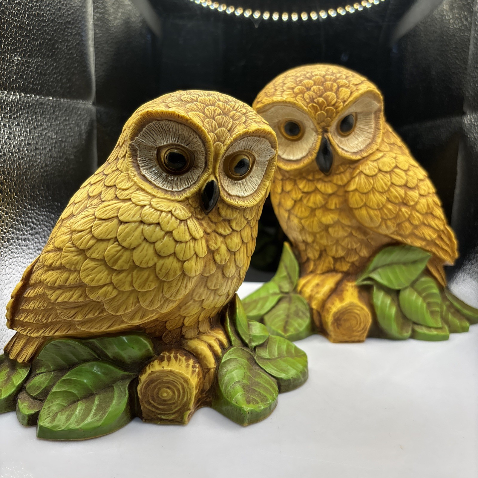 Vintage 70\'s Homco Owl Pair Figurine Statues Resin Yellow Green Retro 