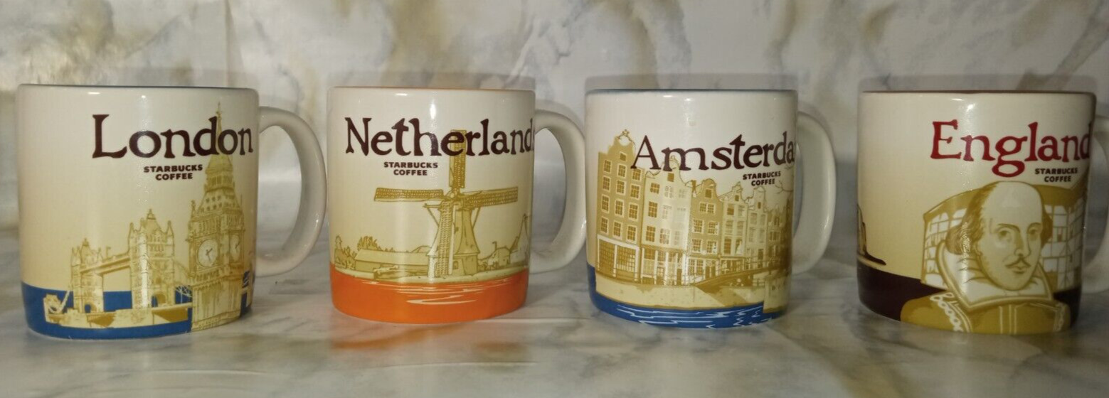 🌎LOT of 4 Starbucks Amsterdam ENGLAND Netherlands LONDON Ornaments Mugs 2oz🌎