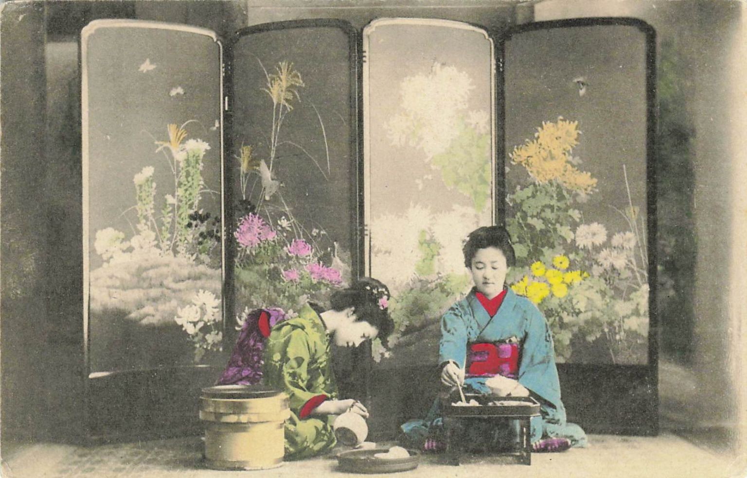 HandTinted Japanese Geisha Women Tea Ceremony Screen Postcard Advertising C1910 HandTinted Japanese Geisha Women Tea Ceremony Screen Postcard Advertising C1910
