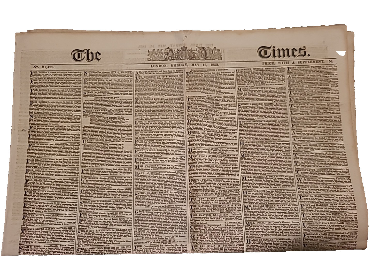 THE TIMES LONDON ANTIQUE 1853 NEWSPAPER COMPLETE Original May 16th Ephemera THE TIMES LONDON ANTIQUE 1853 NEWSPAPER COMPLETE Original May 16th Ephemera