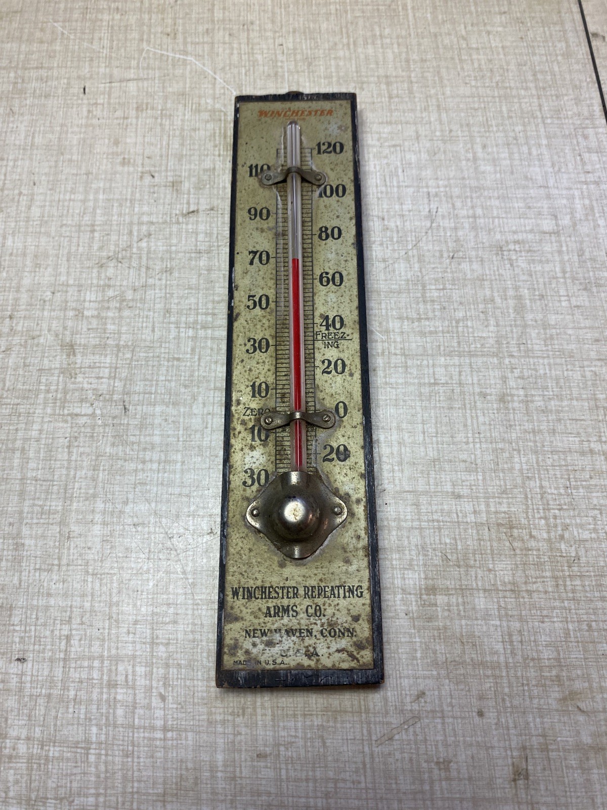 RARE Antique Vintage WINCHESTER REPEATING ARMS COMPANY Thermometer Wood Metal RARE Antique Vintage WINCHESTER REPEATING ARMS COMPANY Thermometer Wood Metal