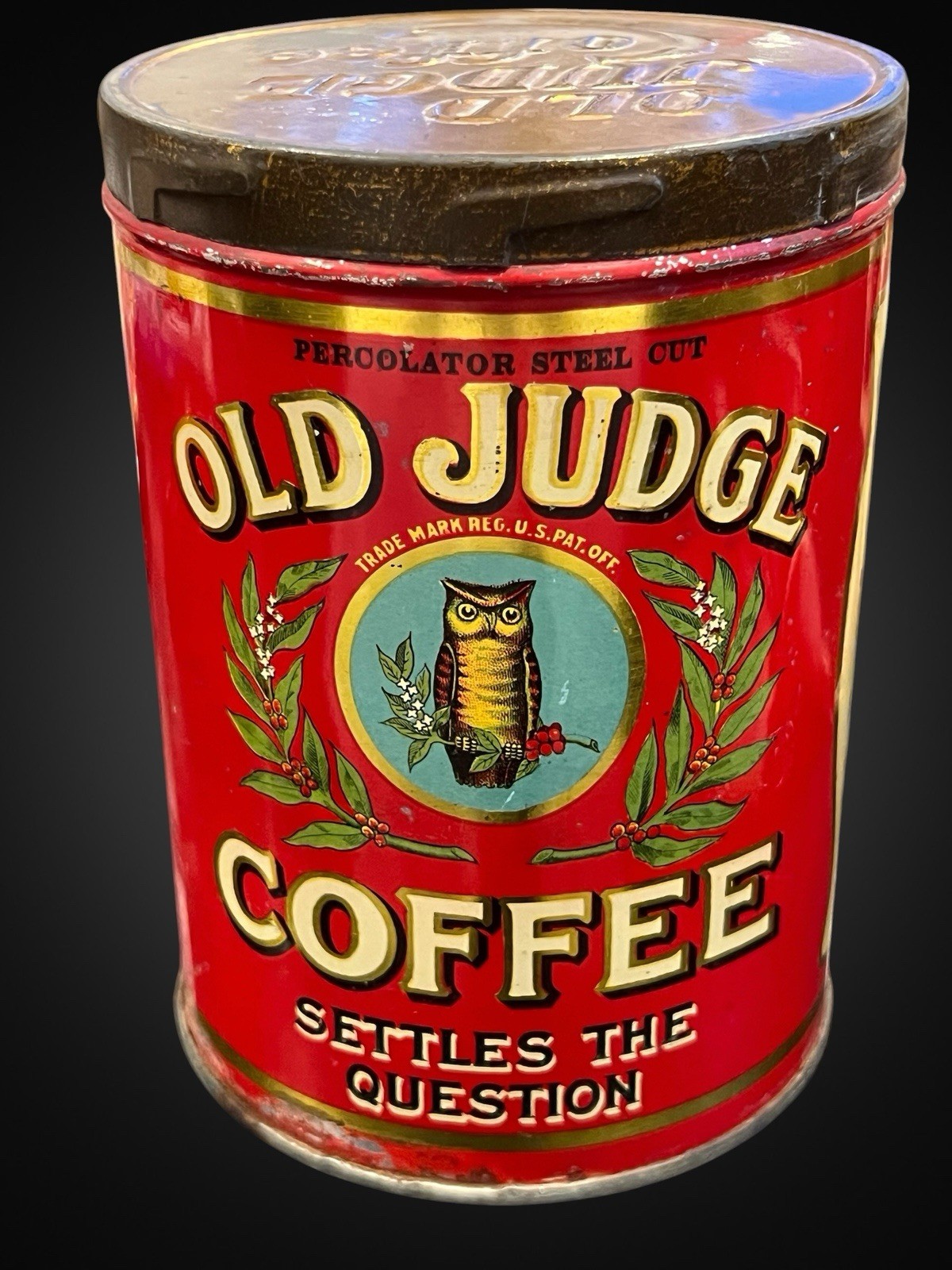 Vintage Old Judge Coffee Tin 1 lb Can Owl Logo Steel Cut St Louis MO With Lid