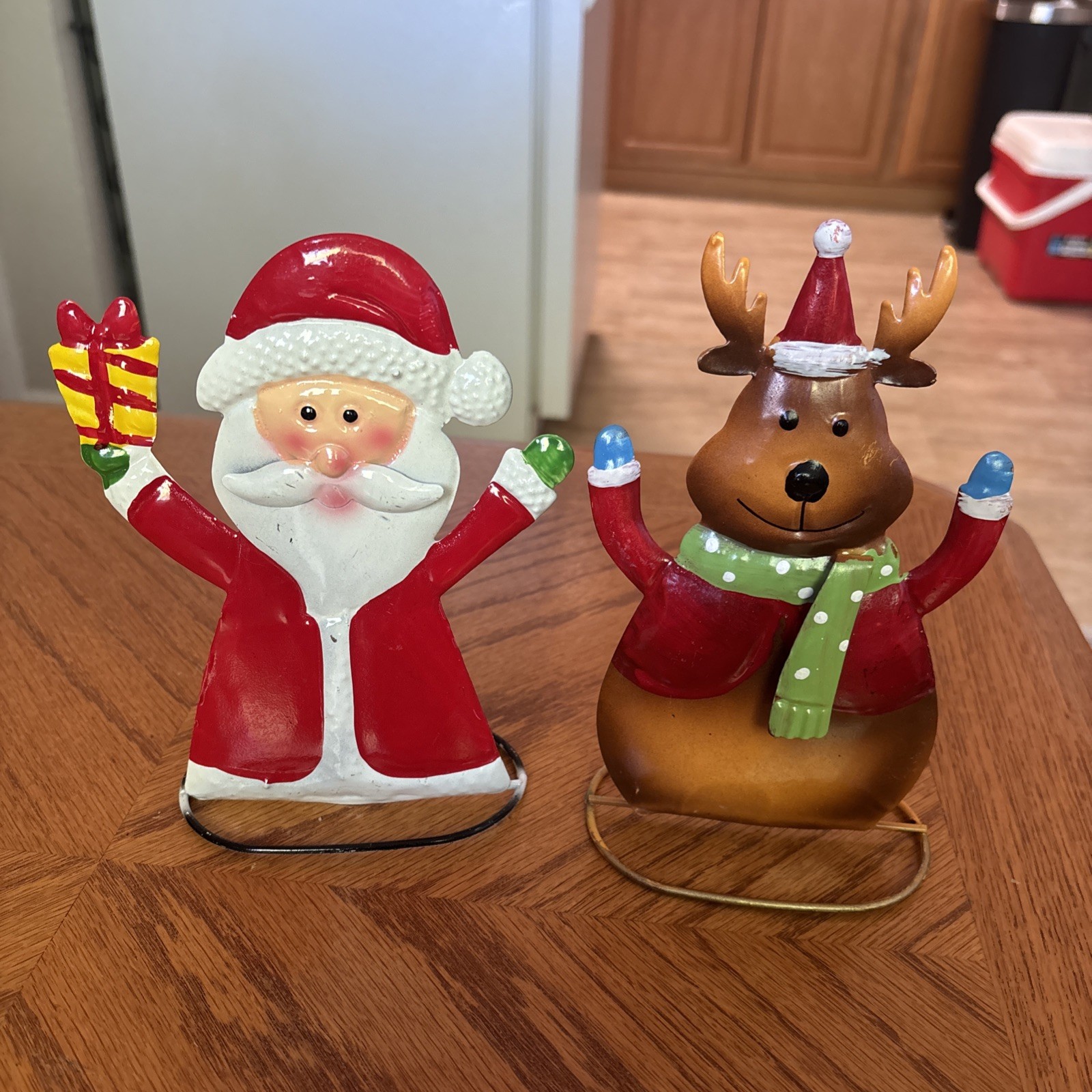 Pair Metal Santa Claus & Reindeer Christmas Figurines Hand Painted Tin Decor
