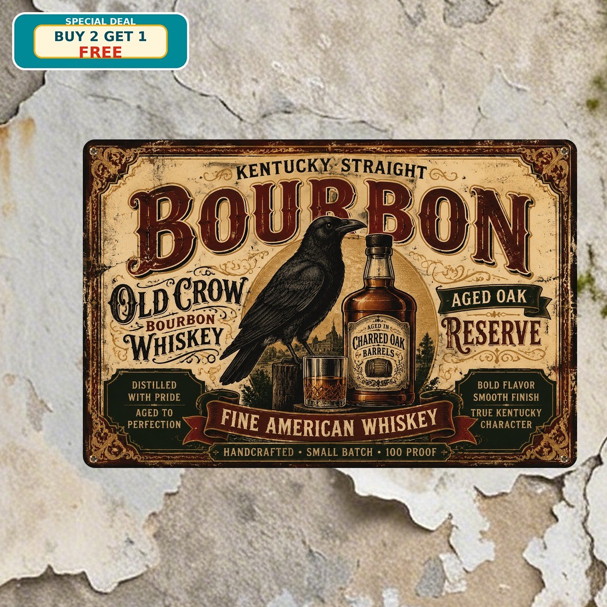 Old Crow Bourbon Whiskey Waterproof Wrought Iron Style Bar Metal Sign 8x12