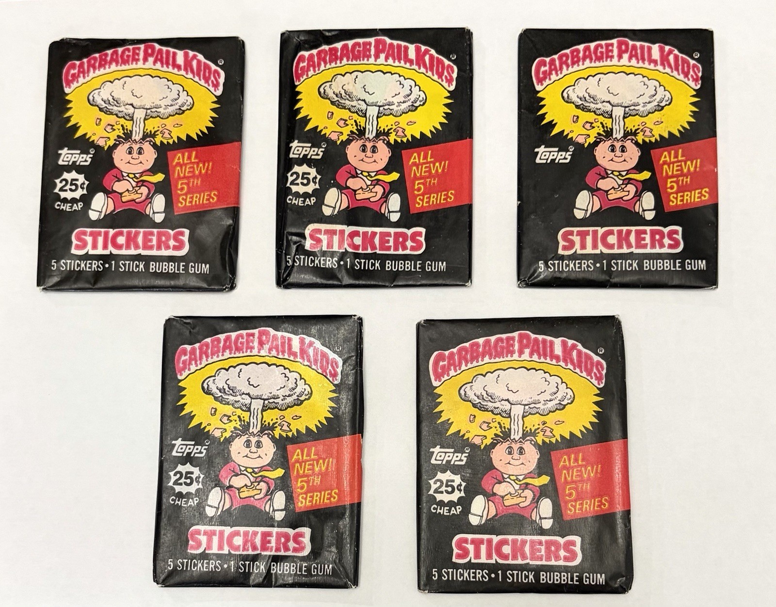 Topps Garbage Pail Kids All-New 5th Series 1986 Sticker Packs, (9) packs total. Topps Garbage Pail Kids All-New 5th Series 1986 Sticker Packs, (9) packs total.