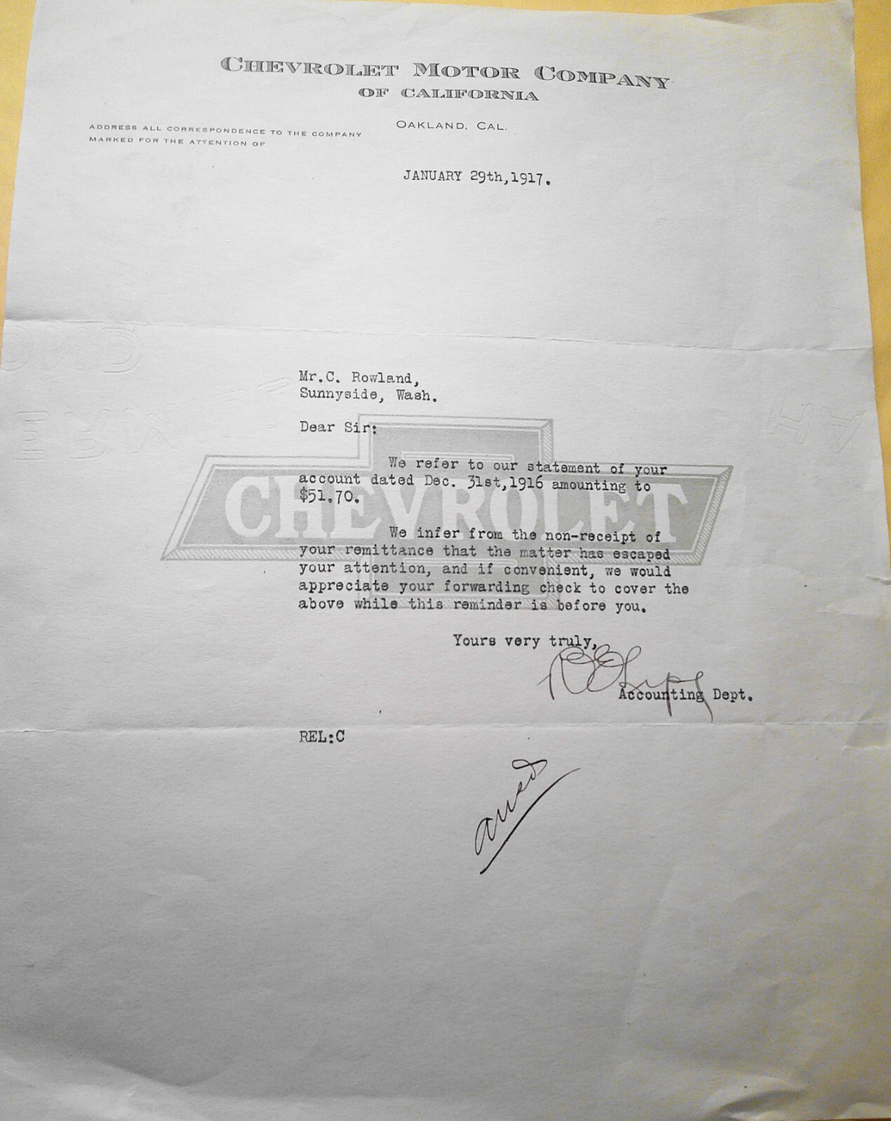 1917 Chevrolet Motor Company of California - Letterhead with bill reminder note