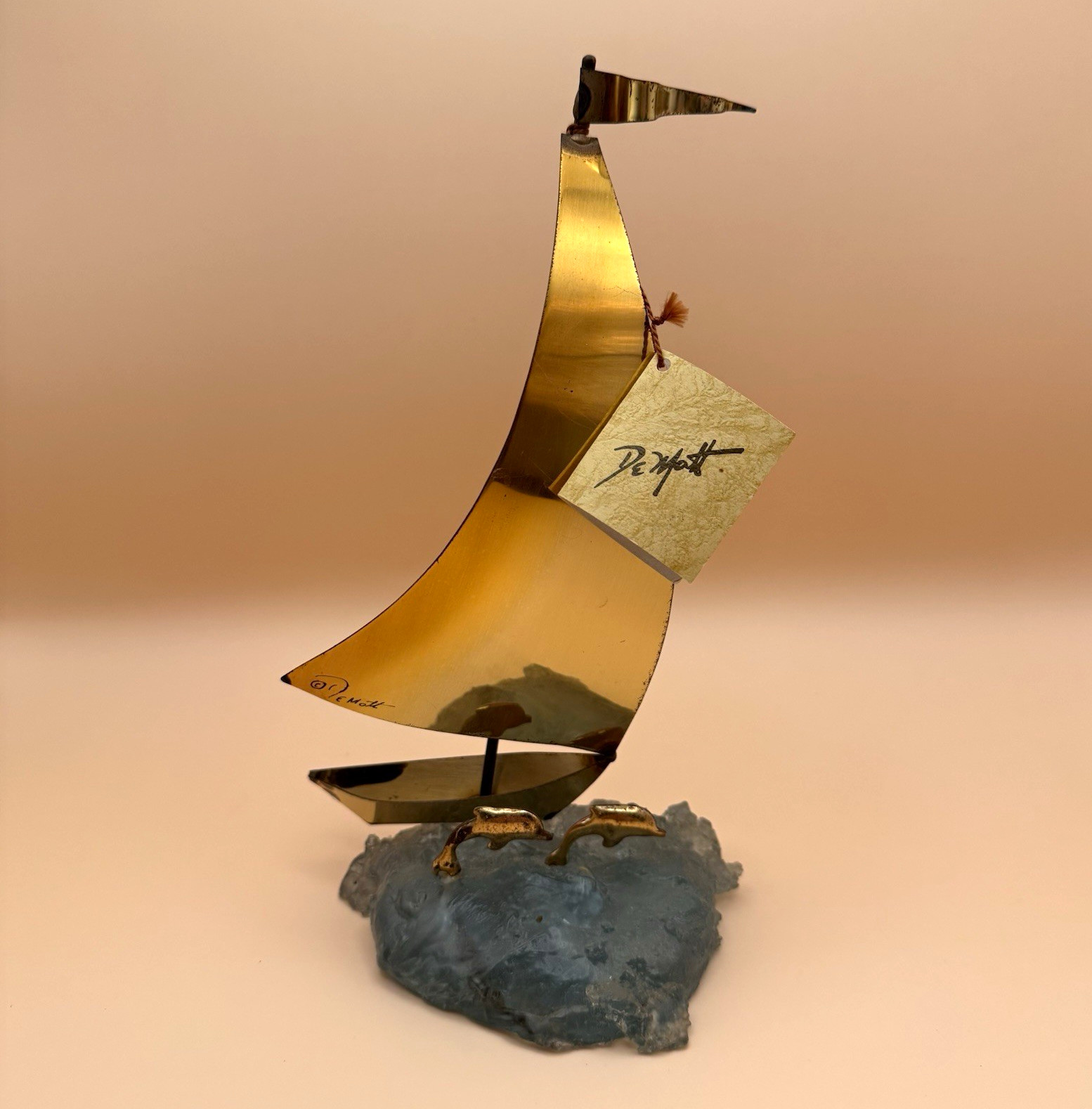 Vintage 1992 DeMott Collection Brass Sailboat Dolphin Wave Resin Base Signed Tag Vintage 1992 DeMott Collection Brass Sailboat Dolphin Wave Resin Base Signed Tag