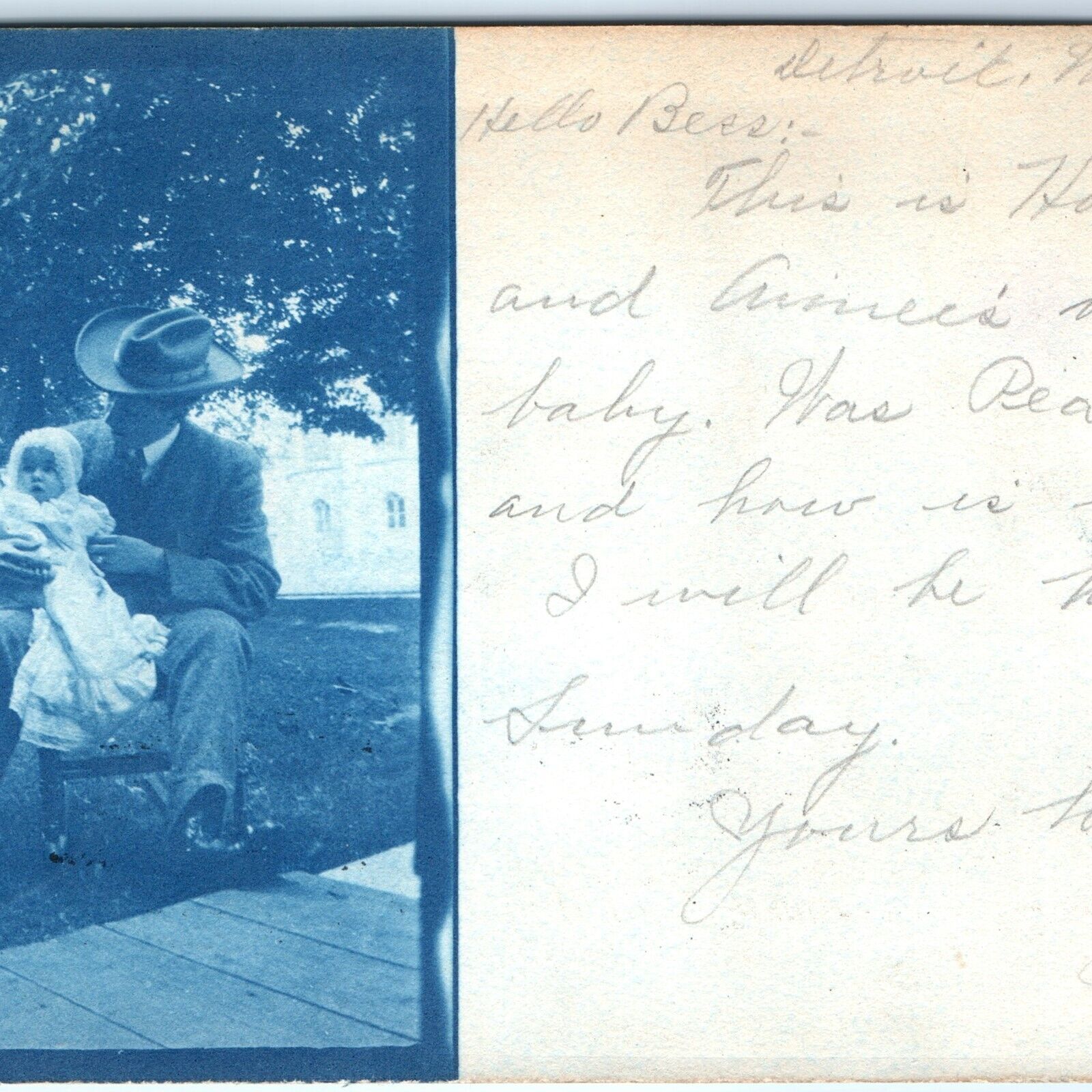 1906 Detroit, MI Cyanotype Man Cute Baby Outdoors RPPC Real Photo Postcard A111