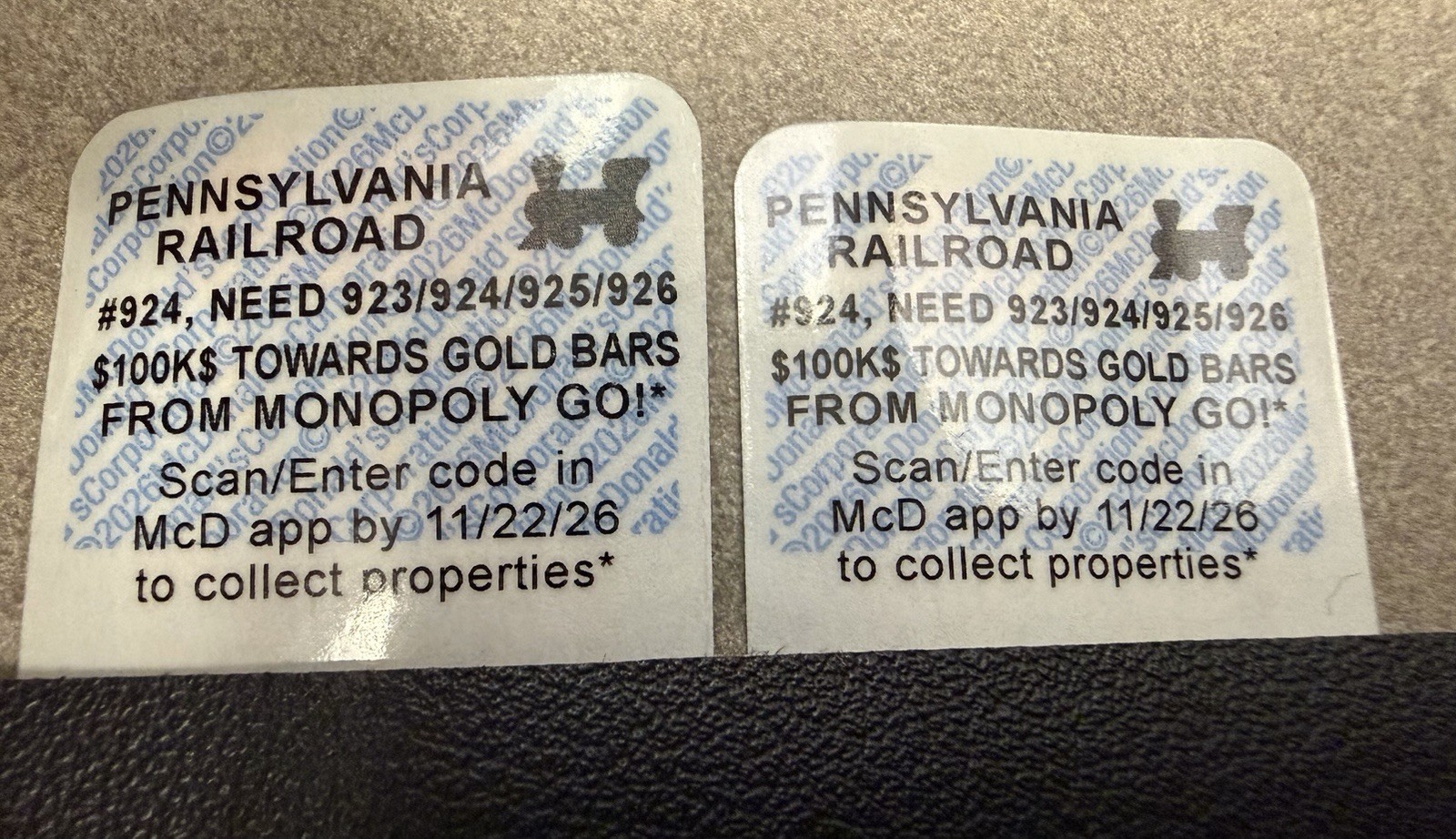 McDonalds Monopoly stickers - Pennsylvania Railroad McDonalds Monopoly stickers - Pennsylvania Railroad
