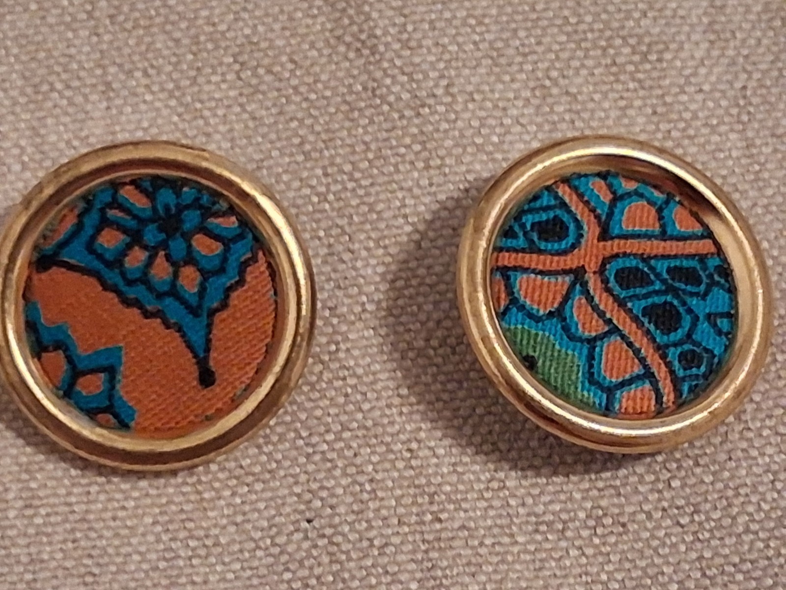 Vintage Gold Rimmed Buttons With Printed Fabric Enclosed. Teal, Orange, Black Vintage Gold Rimmed Buttons With Printed Fabric Enclosed. Teal, Orange, Black
