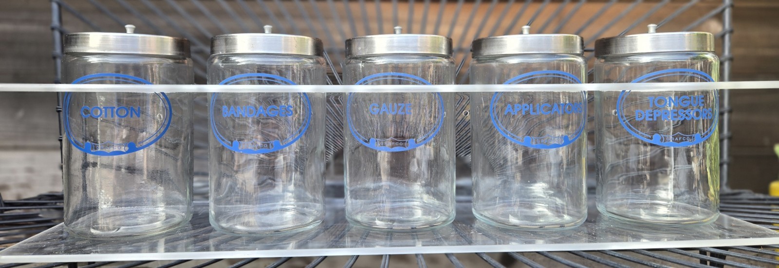 Vintage GRAFCO Medical Jars w/ Acrylic Wall Rack Set of 5 Stainless Lids Vintage GRAFCO Medical Jars w/ Acrylic Wall Rack Set of 5 Stainless Lids