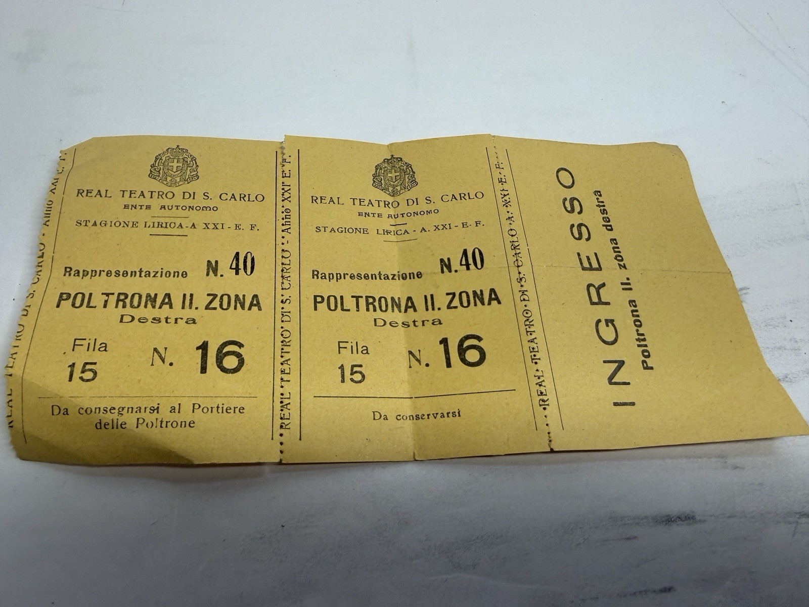 1942 1943 WWII Fascist Era Teatro San Carlo Naples Italy Opera Ticket XXI EF