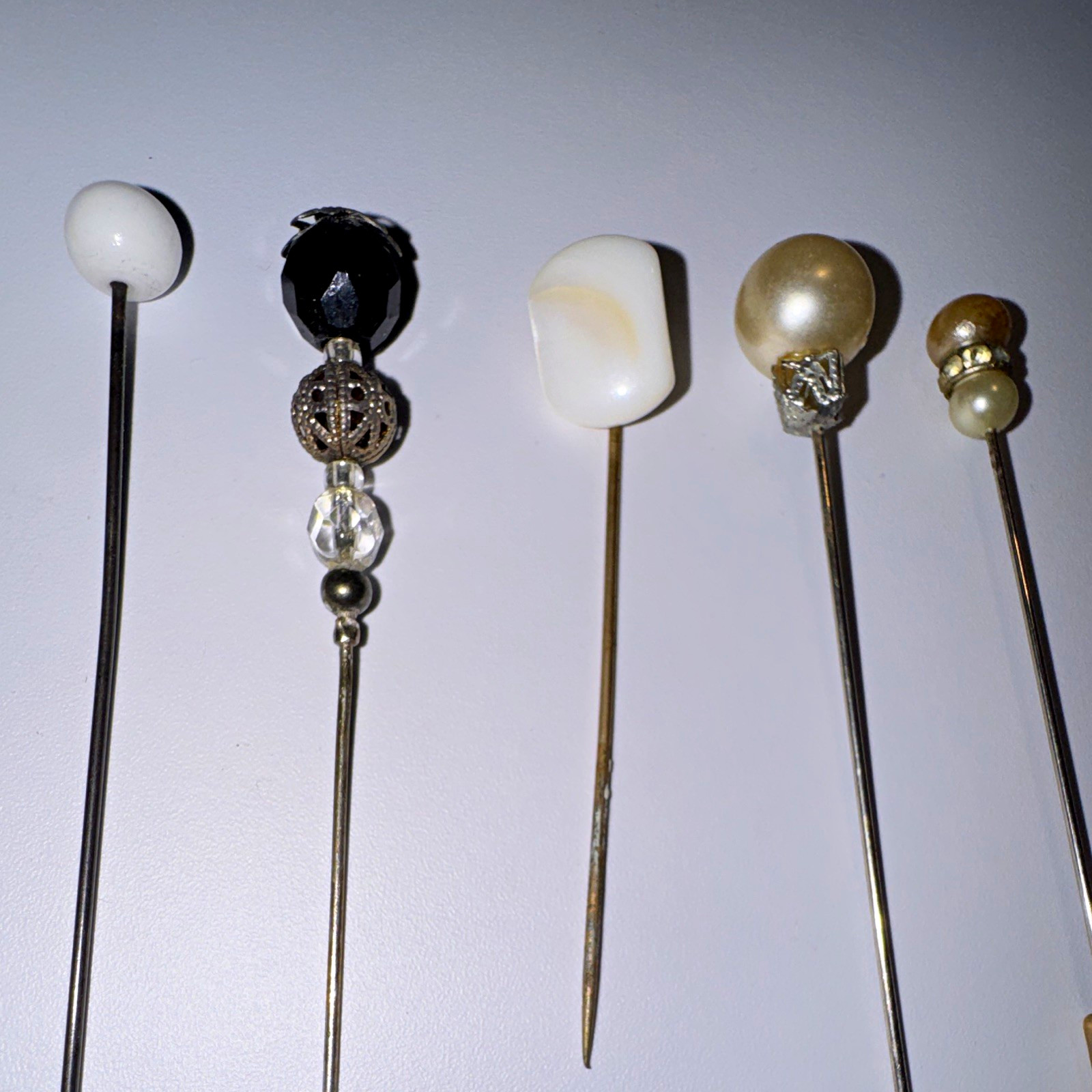 Lot of 5 Vintage Metal & Glass Hatpins Stick Pins, Faux Pearl Assorted Tops Lot of 5 Vintage Metal & Glass Hatpins Stick Pins, Faux Pearl Assorted Tops