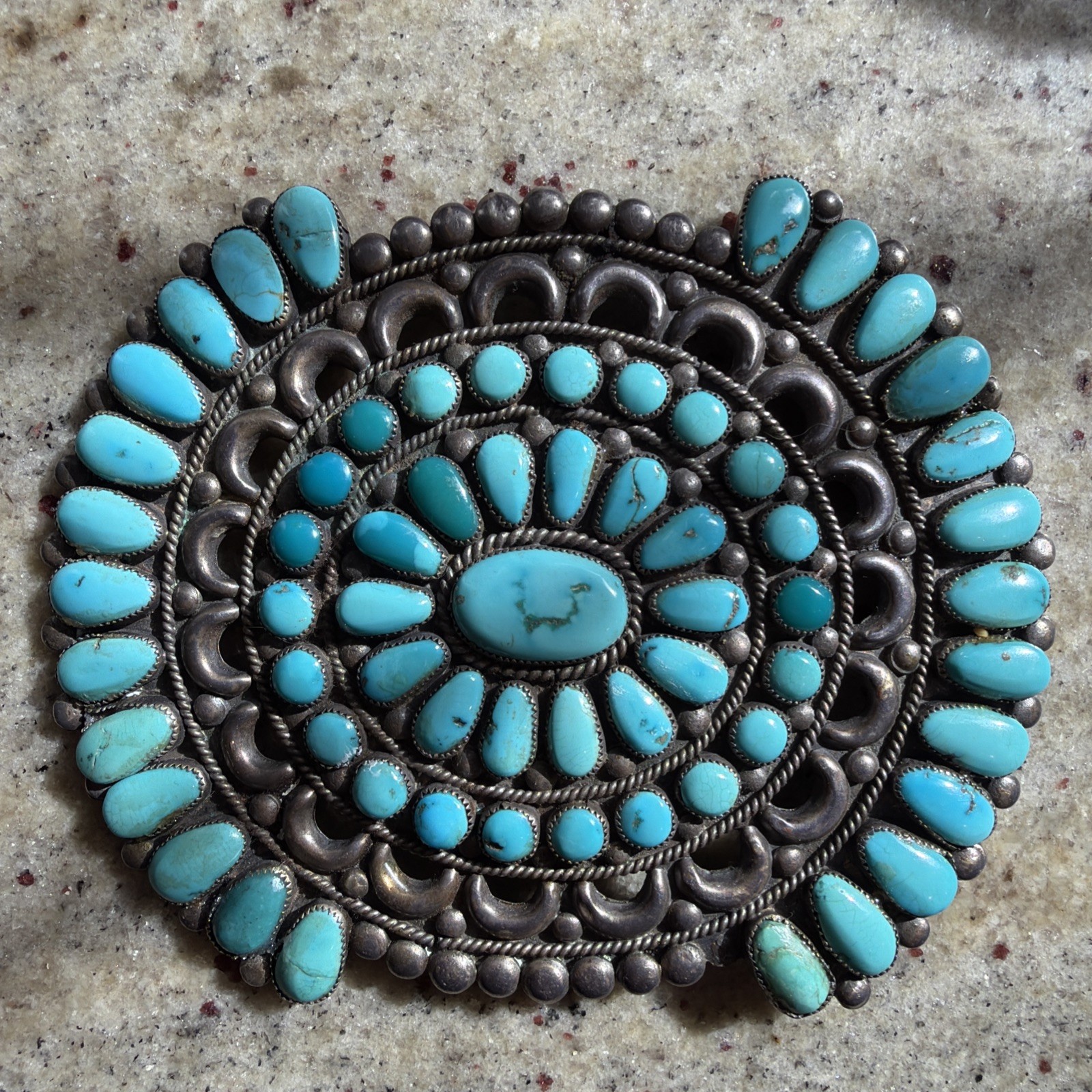 BIG Old  Native American Sterling & Turquoise Cluster  Pin/pendant. 4.5 Inches.