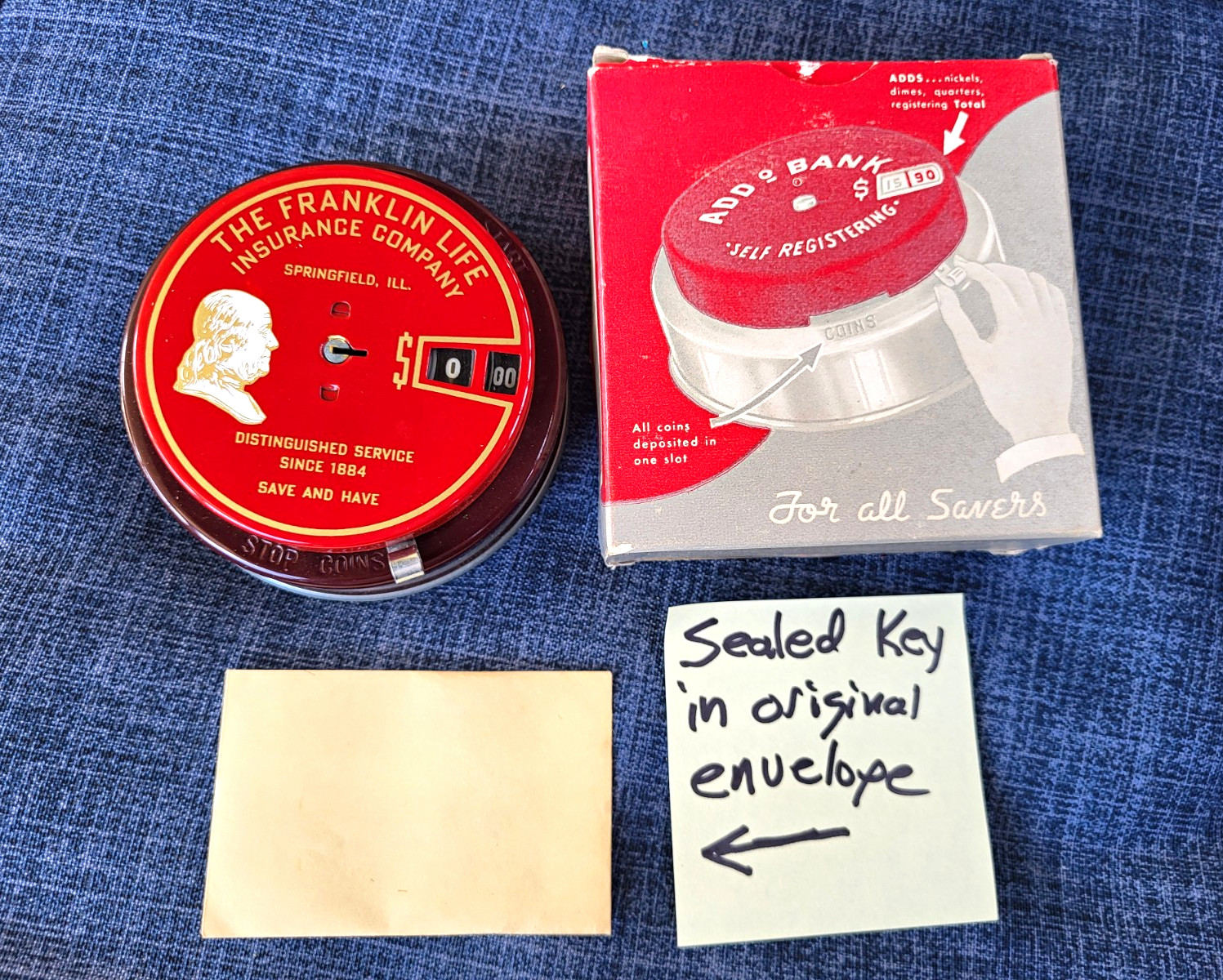 Vintage Add A Coin Bank w/ Box, Original Sealed Key, Box NOS Vintage Add A Coin Bank w/ Box, Original Sealed Key, Box NOS
