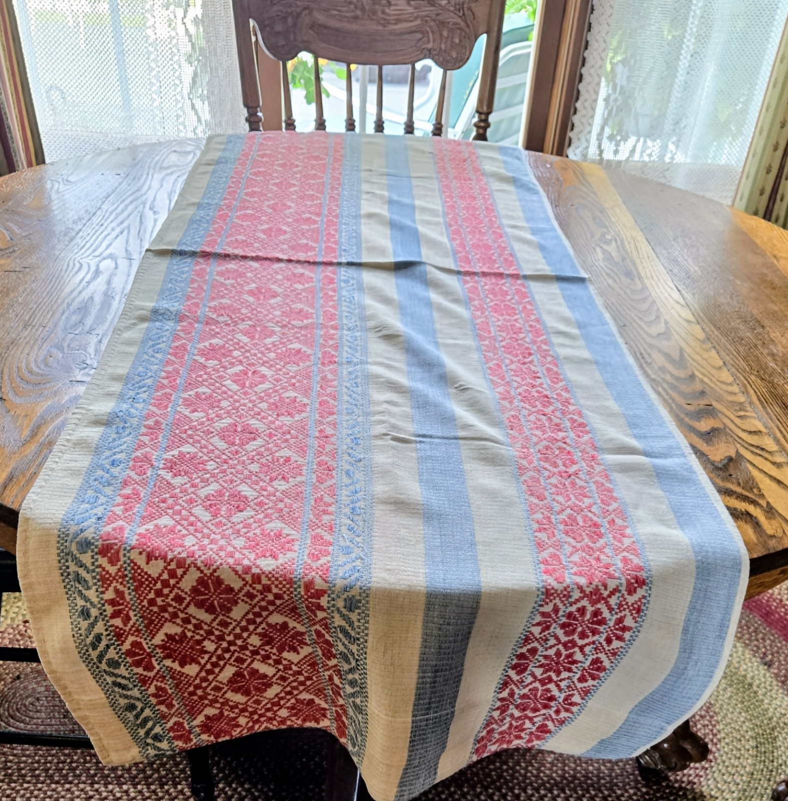 Antique HAND WOVEN panel TABLE RUNNER red beige blue handwoven 19x54 - READ