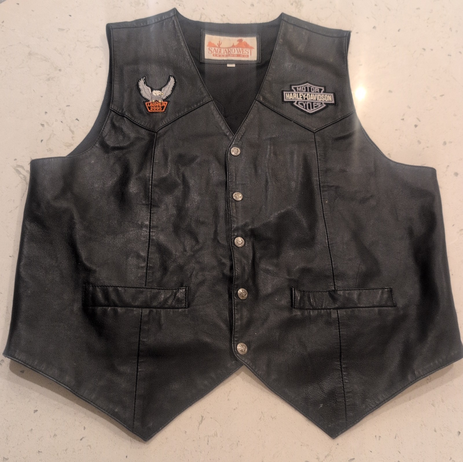 Vintage Harley-Davidson Patches Black Leather Saguaro West Trading Company Vest Vintage Harley-Davidson Patches Black Leather Saguaro West Trading Company Vest