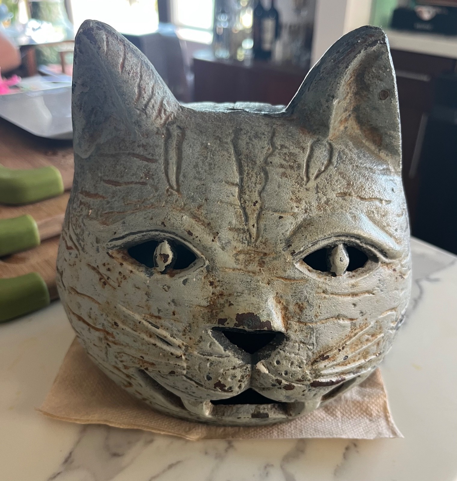 Antique Vintage Japanese Cast Iron Cat  head Candle Holder RARE Halloween