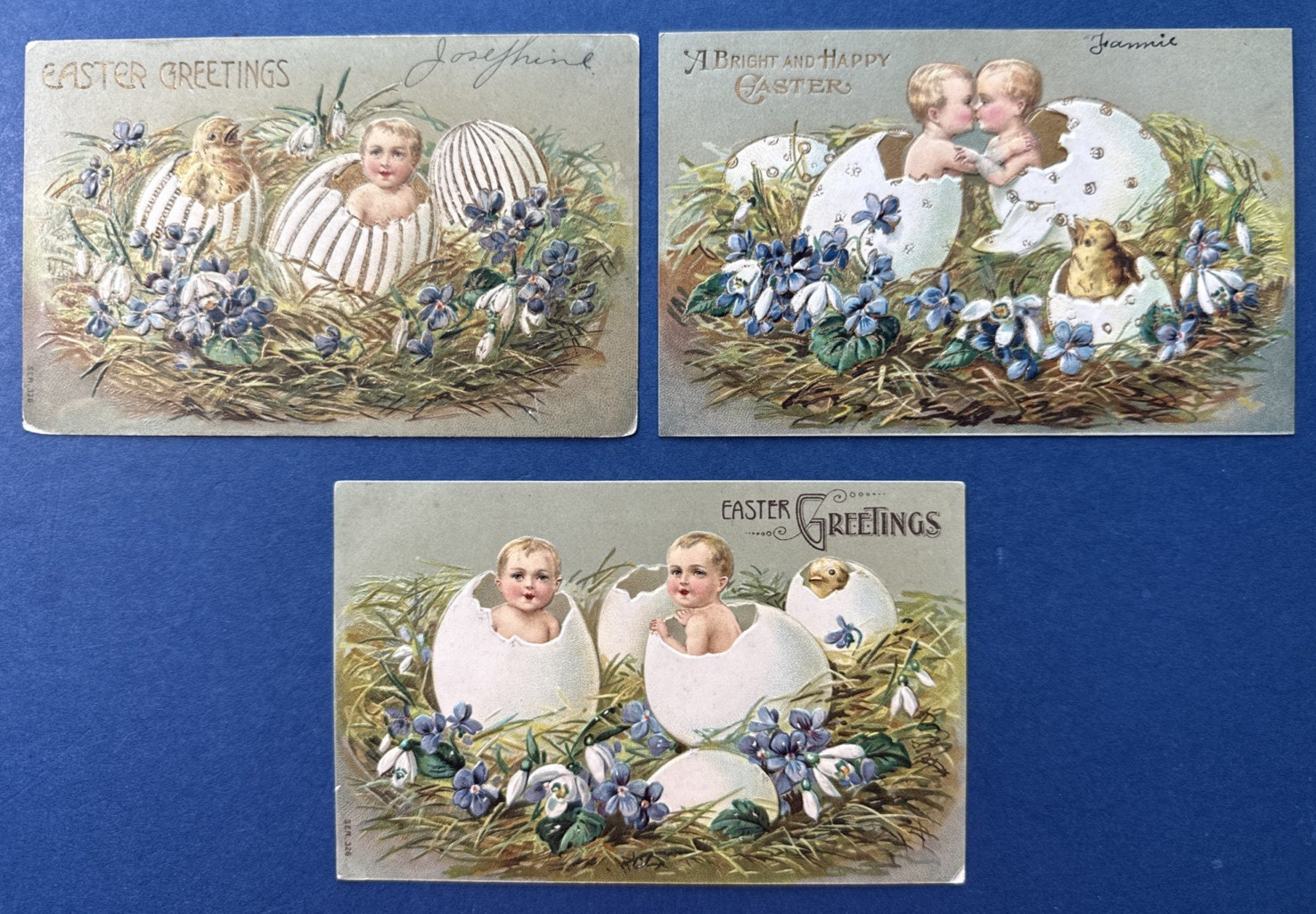 3 Classic Children in Eggs Easter Antique Postcards. EMB. Strong Gold. Chicks