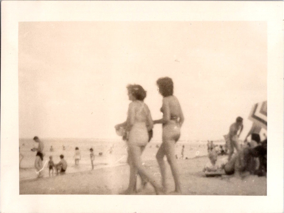 Vintage 1950s Snapshot Photo Two Women in Swimsuits Beach Scene Sepia Tone Vintage 1950s Snapshot Photo Two Women in Swimsuits Beach Scene Sepia Tone