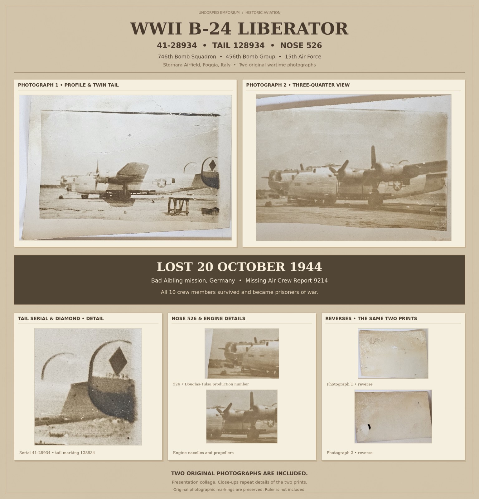 WWII B-24H 41-28934 Nose 526 456th BG Lost 1944 2 Original Photos MACR 9214