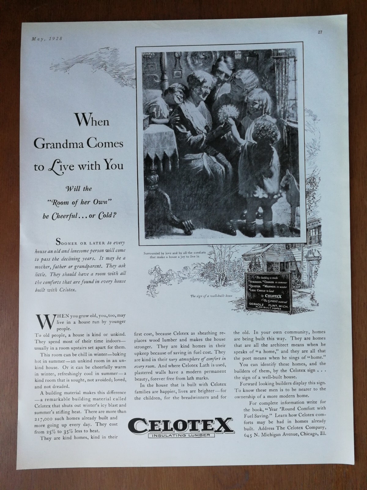 Vintage 1928 Celotex Insulating Lumber Full Page Original Ad 1124