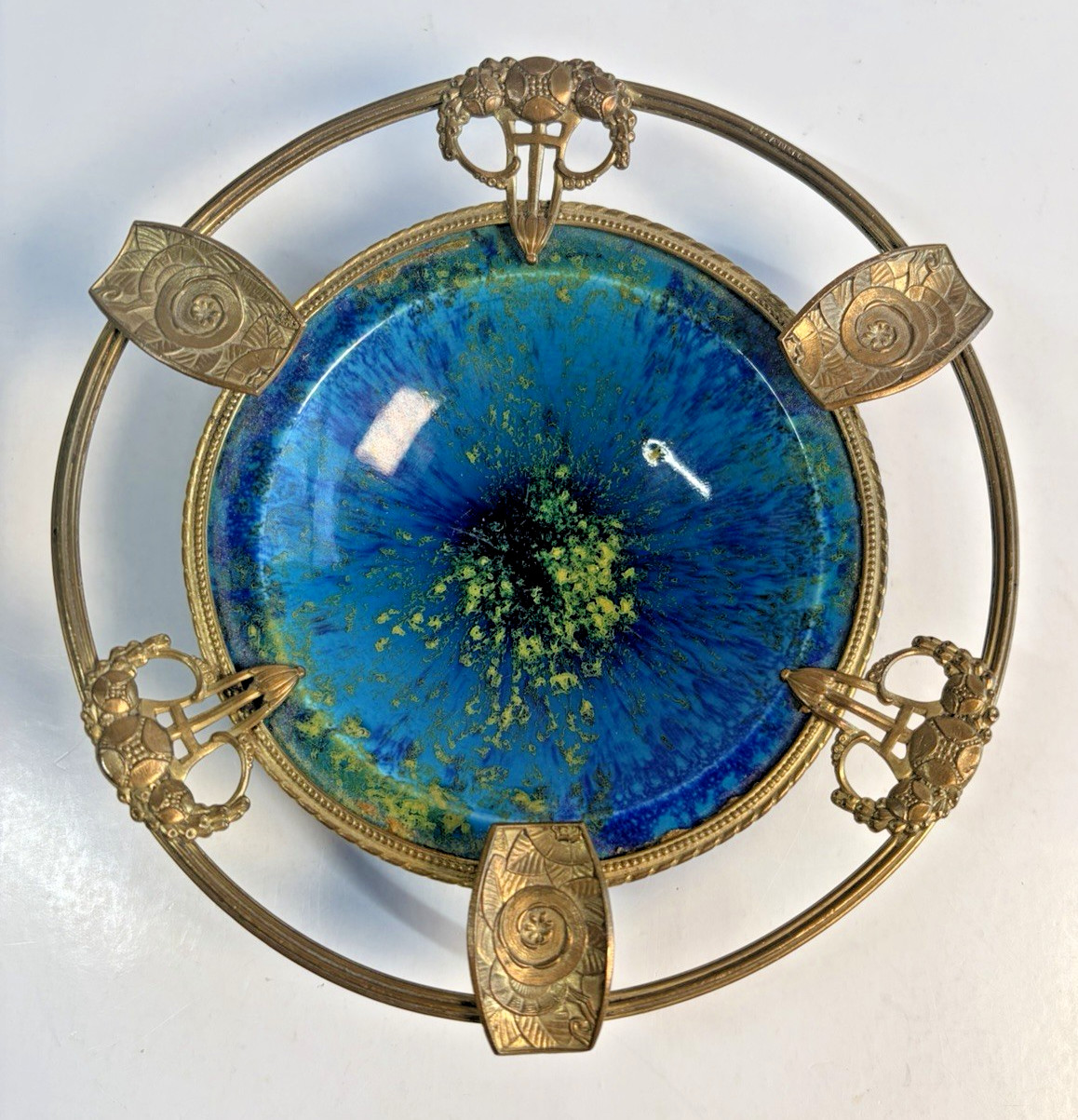 Antique French Paul Milet Bronze or Brass Mounted Ashtray Bowl Jewelry MP Sevres Antique French Paul Milet Bronze or Brass Mounted Ashtray Bowl Jewelry MP Sevres