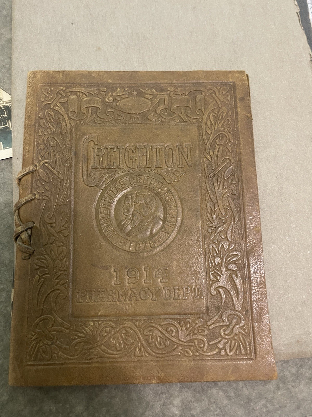 Antique 1914 Creighton University Pharmacy Dept Leather Bound Commencement Book