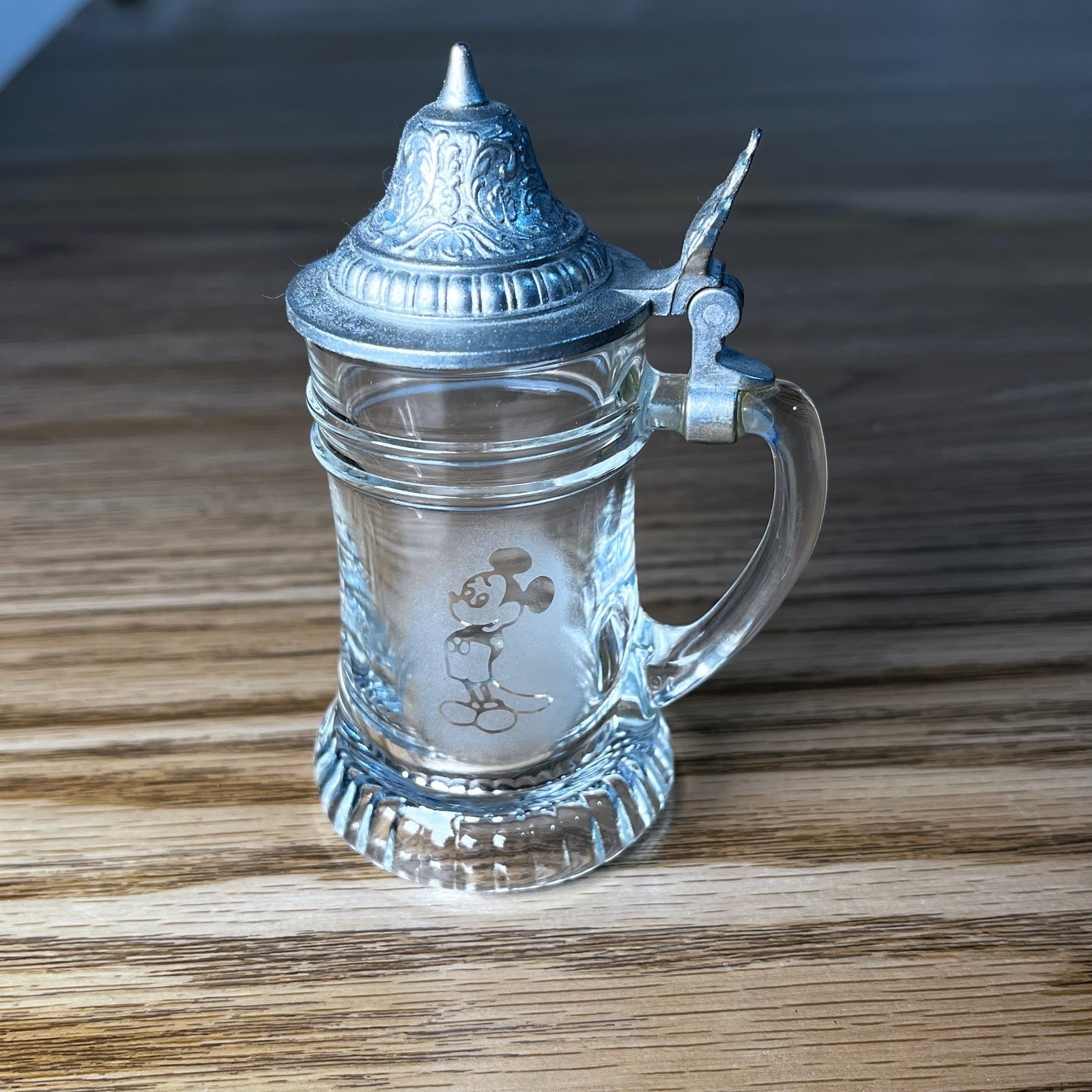 VTG BMF Mickey Mouse Miniature Beer Stein Glass West Germany Pewter Lid 4in
