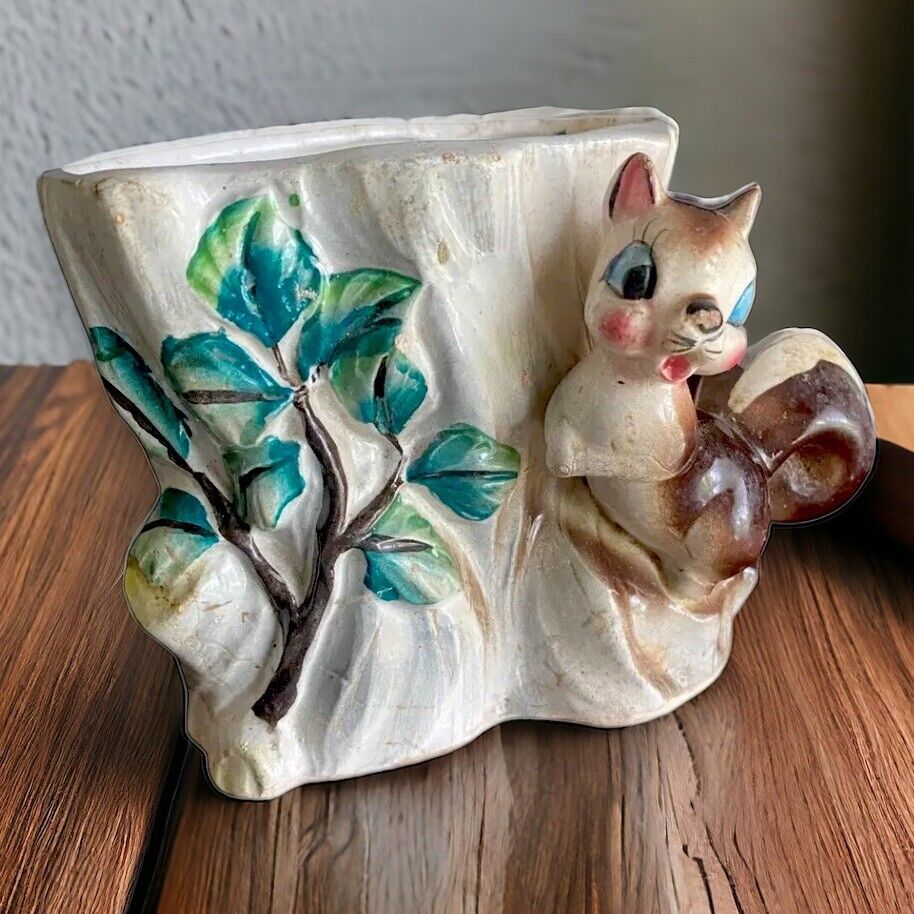 Vtg Chipmunk Squirrel Tree Planter Vase Anthropomorphic Japan Enesco Mcm Kitsch