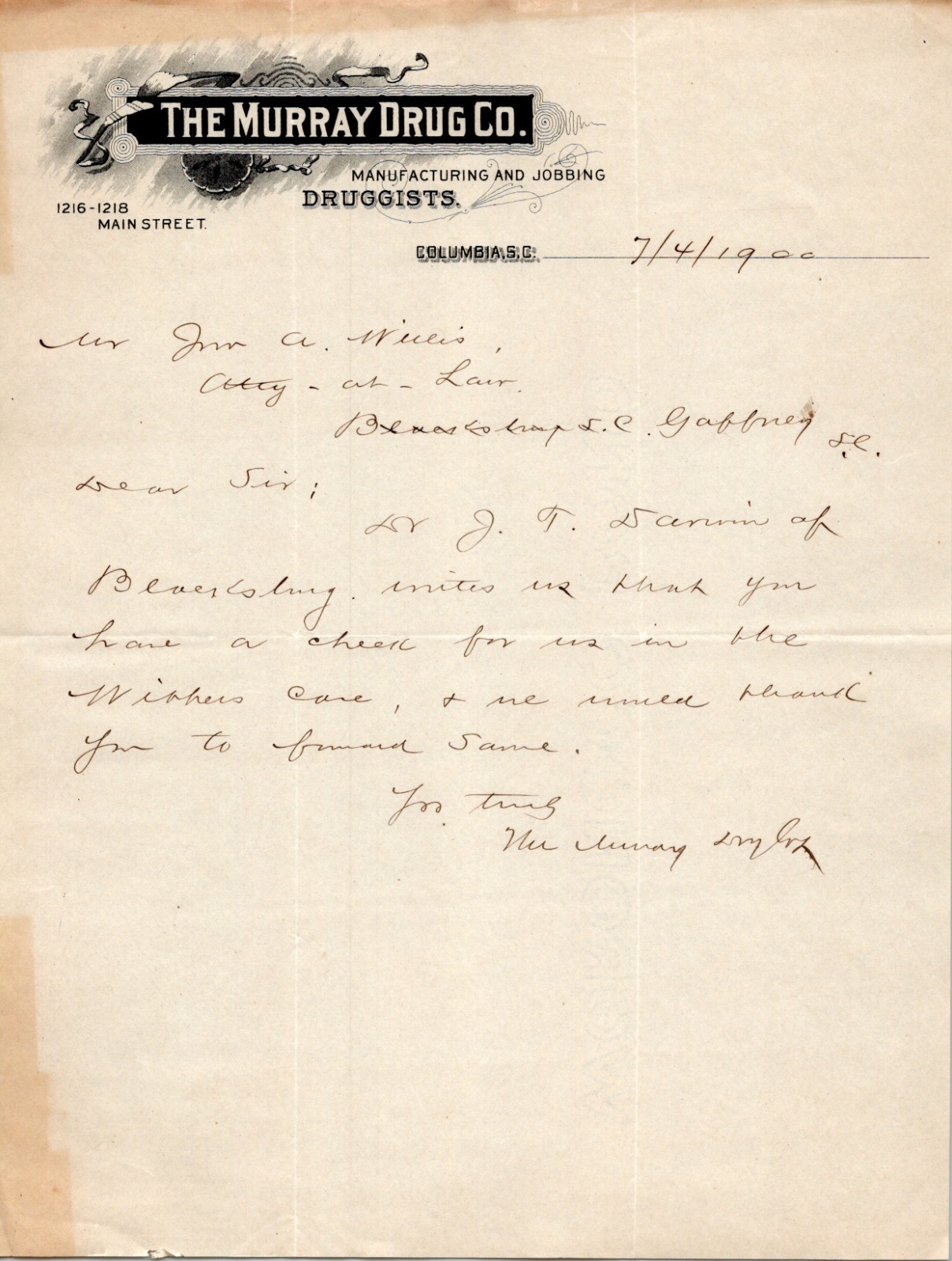 1900 The Murray Drug Co Columbia SC Handwritten Letterhead Druggists Ephemera 1900 The Murray Drug Co Columbia SC Handwritten Letterhead Druggists Ephemera