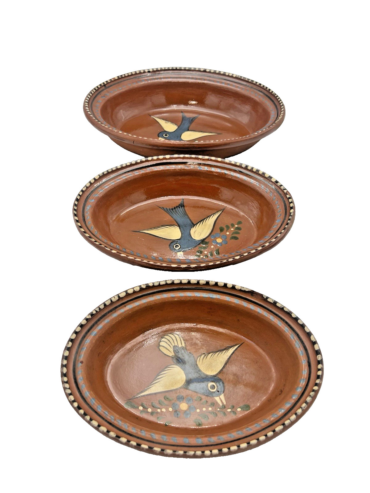 Vintage Mexico Folk Art Terracotta Nesting Bowls Set 3 Hand Painted Bird Pottery