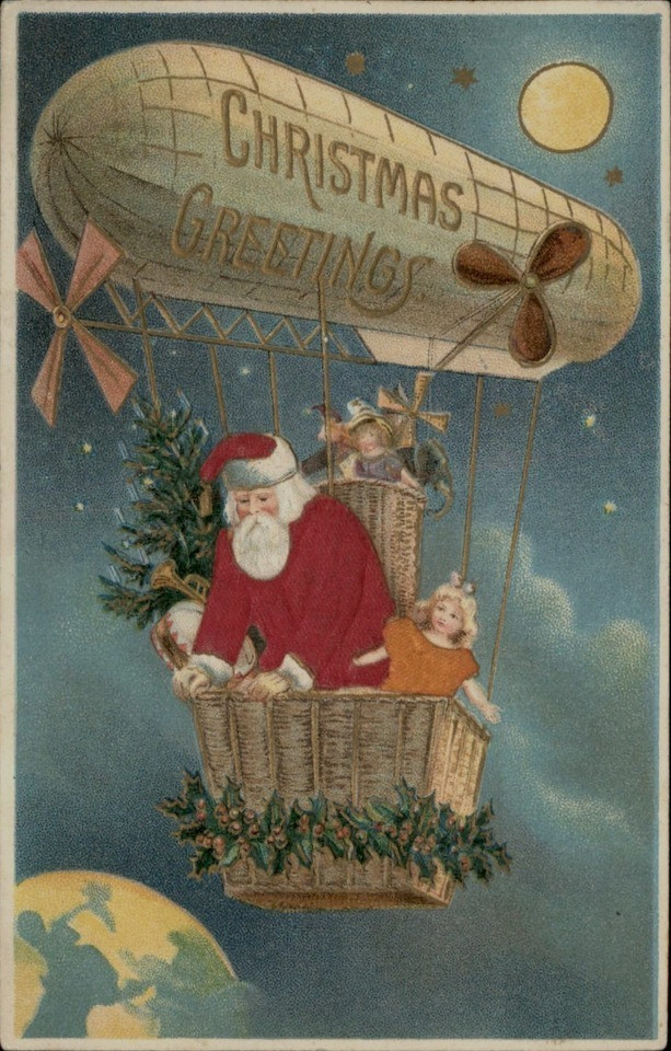 Rare~SIlk Santa Claus in Hot Air Balloon Blimp Zeppelin Christmas Postcard~s261 Rare~SIlk Santa Claus in Hot Air Balloon Blimp Zeppelin Christmas Postcard~s261