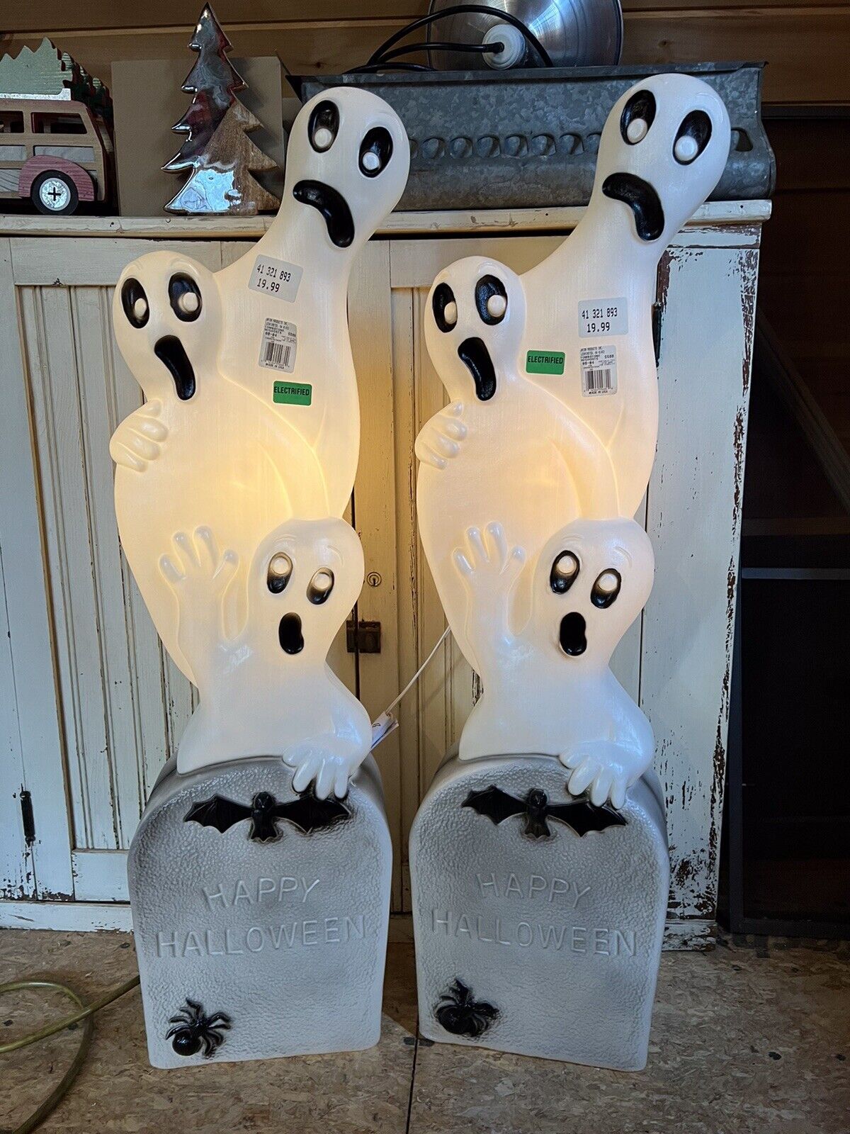 Vintage Blow Mold Halloween Ghost on Tombstone New Old Stock Featherstone PAIR