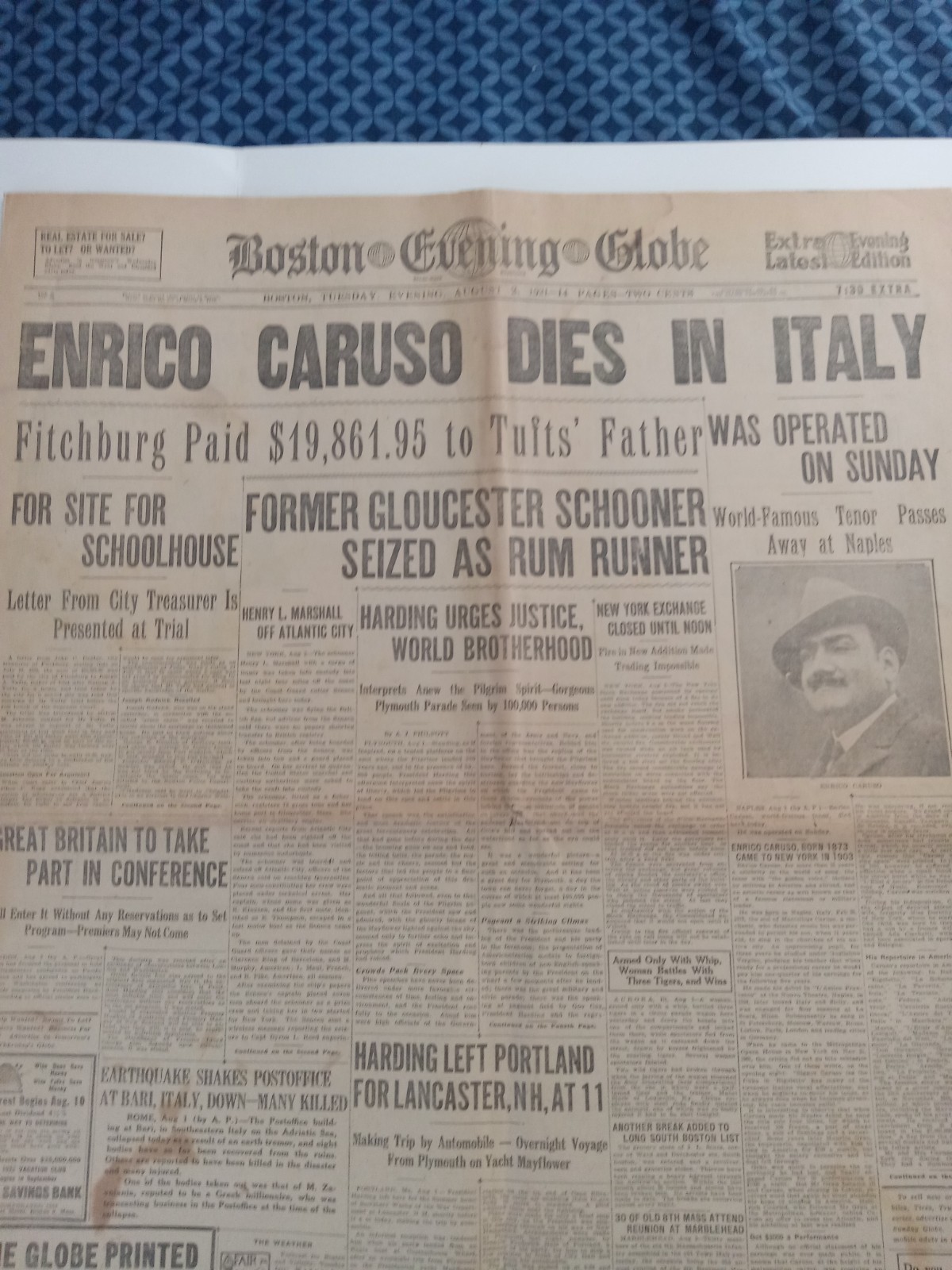 Enrico Caruso Death - Opera Tenor - Complete August 2, 1921 Boston Newspaper Enrico Caruso Death - Opera Tenor - Complete August 2, 1921 Boston Newspaper