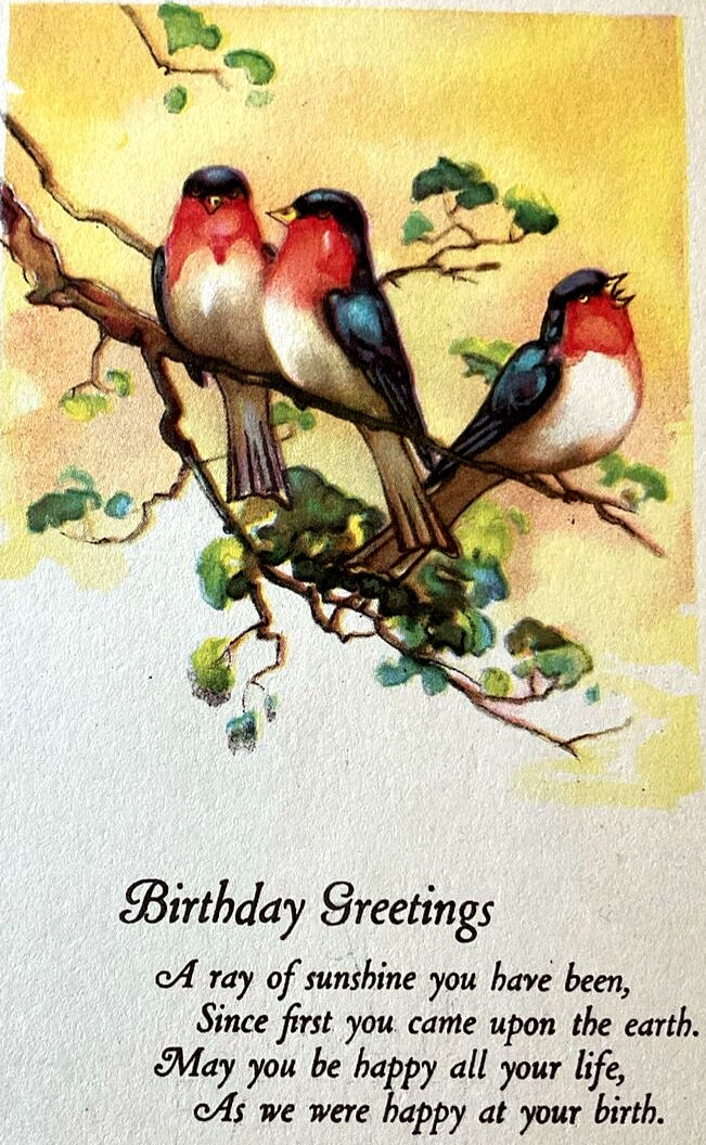 Antique Postcard Birds Birthday Greetings Poem Unused