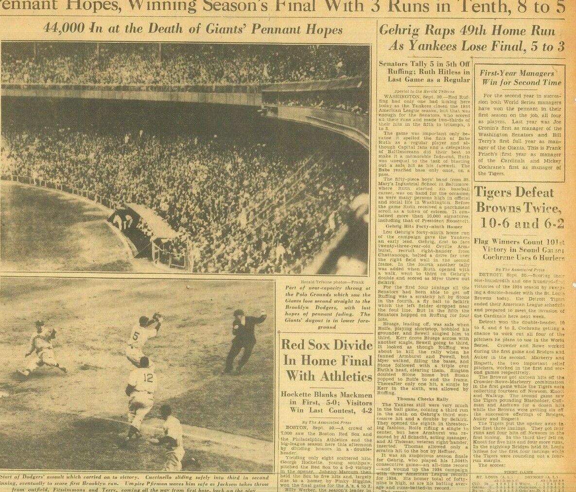 Hitless Babe Ruth Final Game for New York Yankees Gehrig Reigns October 1 1934