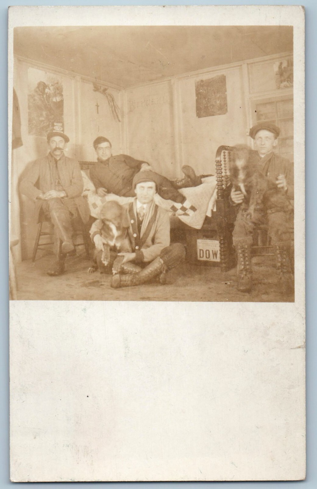 RPPC Photo Postcard Hunting Cabin Lodge Interior Camp Dupont c1910's Antique